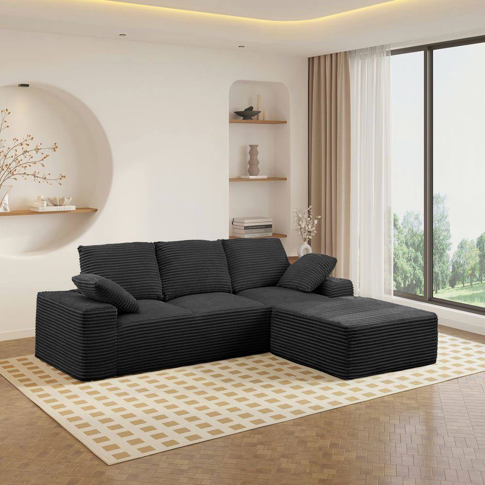 Left. Kadyn - 103.5" L-Shaped Sectional Sofa, Cloud Chaise Design with Plush Corduroy and Deep Seats, No Assembly, Black - Black.