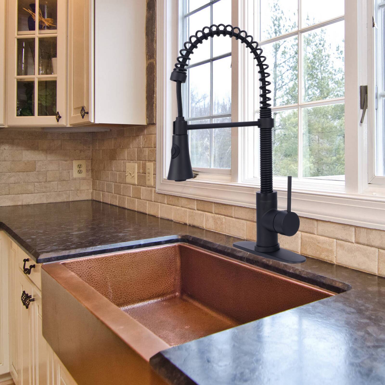 Alt View 5. Akicon - Akicon Pre-Rinse Spring Solid Brass Single Handle Kitchen Faucet with Pull Down Sprayer in Matte Black - Matte Black.