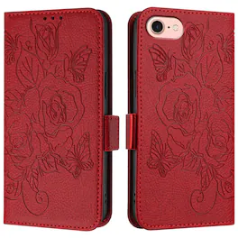 Dteck - Embossed Texture Case for Apple iPhone 17e / 16e,Faux Leather Card Holder Wallet Case,Magnetic Closure Flip Cover+Strap - Red