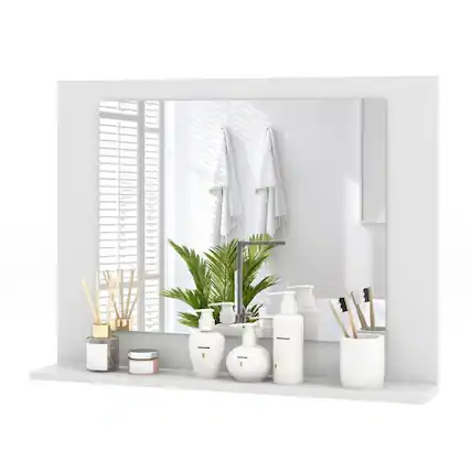 Front. Hivvago - Rectangular Bathroom Wall Mirror with Storage Shelf and White Wood Frame - White Wood Frame.