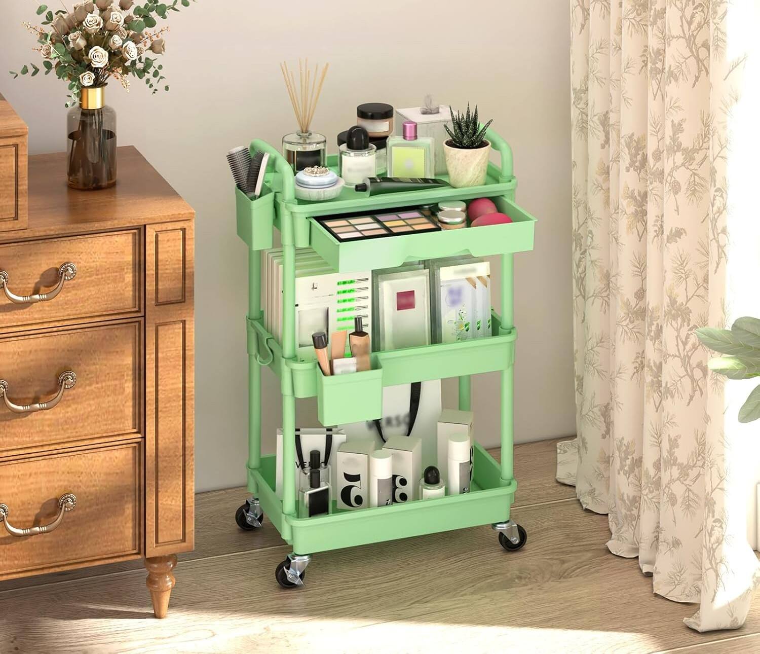 Alt View 4. FINEAK - 3-Tier Rolling Utility Cart-Removable Drawer & Lockable Wheels - Green.