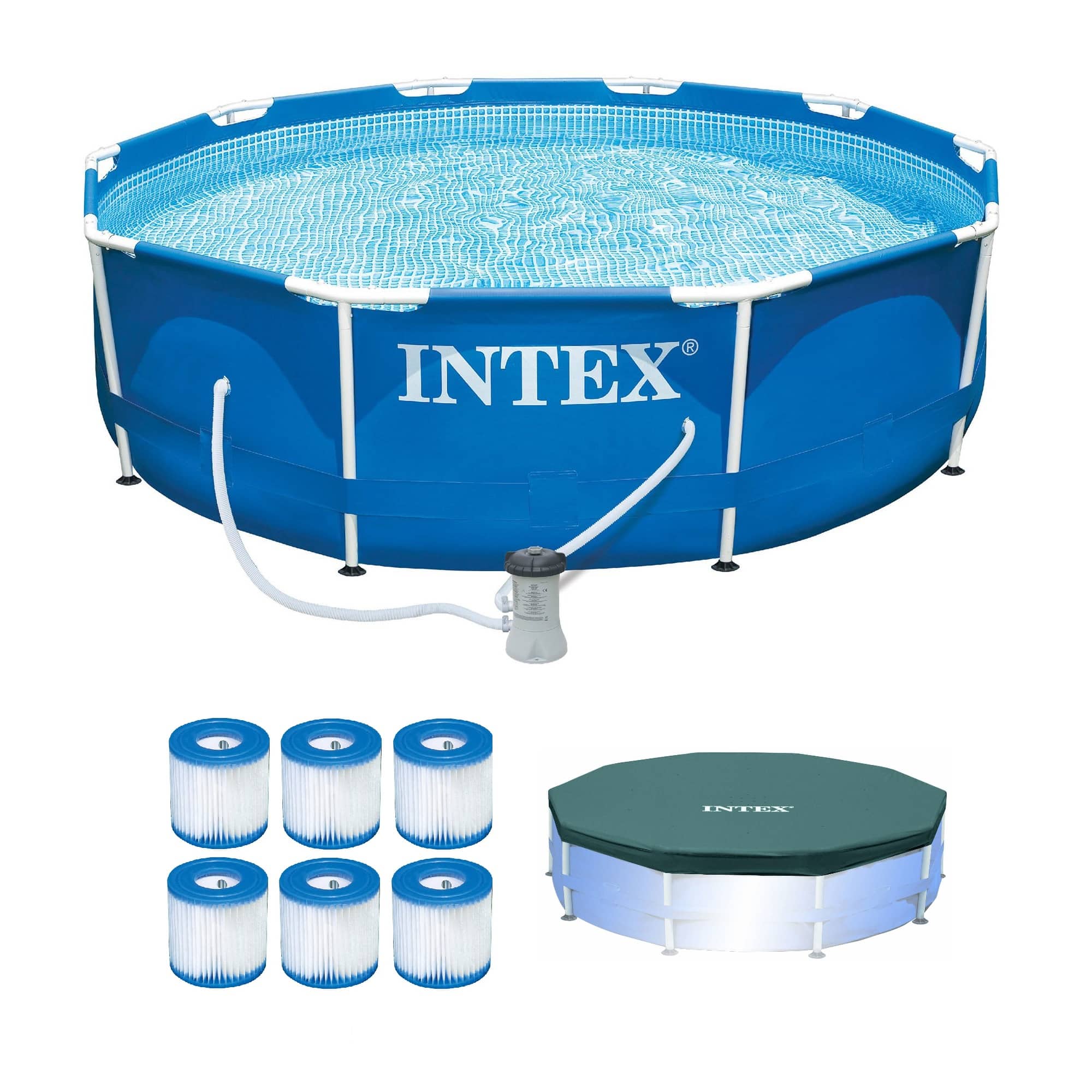 Front. Intex - Metal Frame Pool w/ Pump & Type H Filters (6 Pack) & 10’ Round Pool Cover - Blue.
