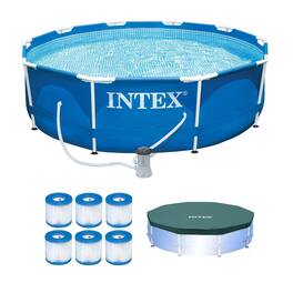 Intex - Metal Frame Pool w/ Pump & Type H Filters (6 Pack) & 10’ Round Pool Cover - Blue