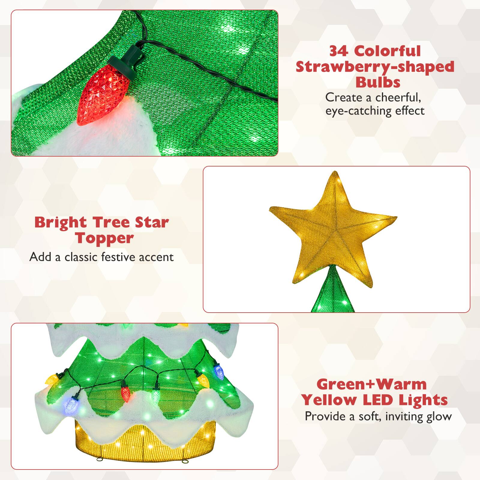 - 34 Colorful Strawberry-shaped Bulbs  
  Create a cheerful, eye-catching effect

- Bright Tree Star Topper  
  Add a classic festive accent

- Green+Warm Yellow LED Lights  
  Provide a soft, inviting glow