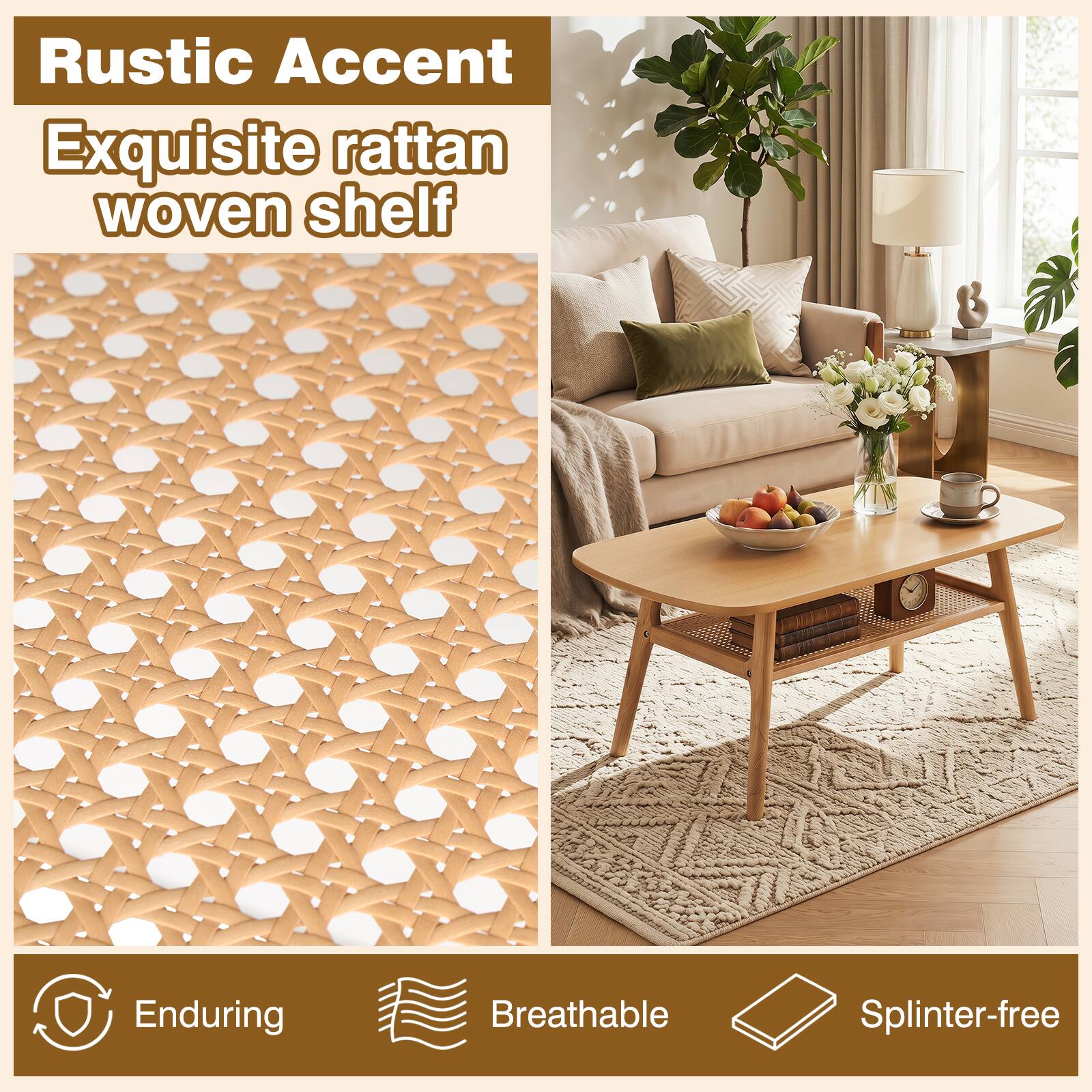 Rustic Accent  
Exquisite rattan woven shelf

Enduring  
Breathable  
Splinter-free