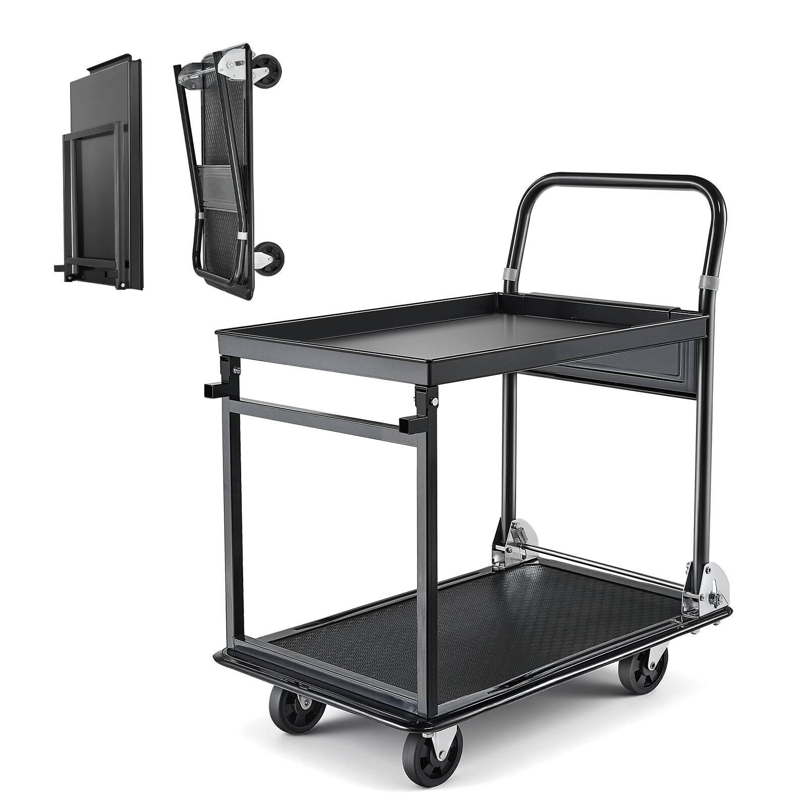 Front. VEVOR - Foldable Push Cart Dolly, 700 lbs, Heavy Duty Platform Hand Truck with Wheels, High-Strength Steel - Black.