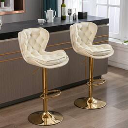 HTUTWOO - Set of 2 Bar Stools, Height Adjustable 360° Swivel Velvet Upholstered with Golden Legs, for Kitchen & Home Bar - Cream