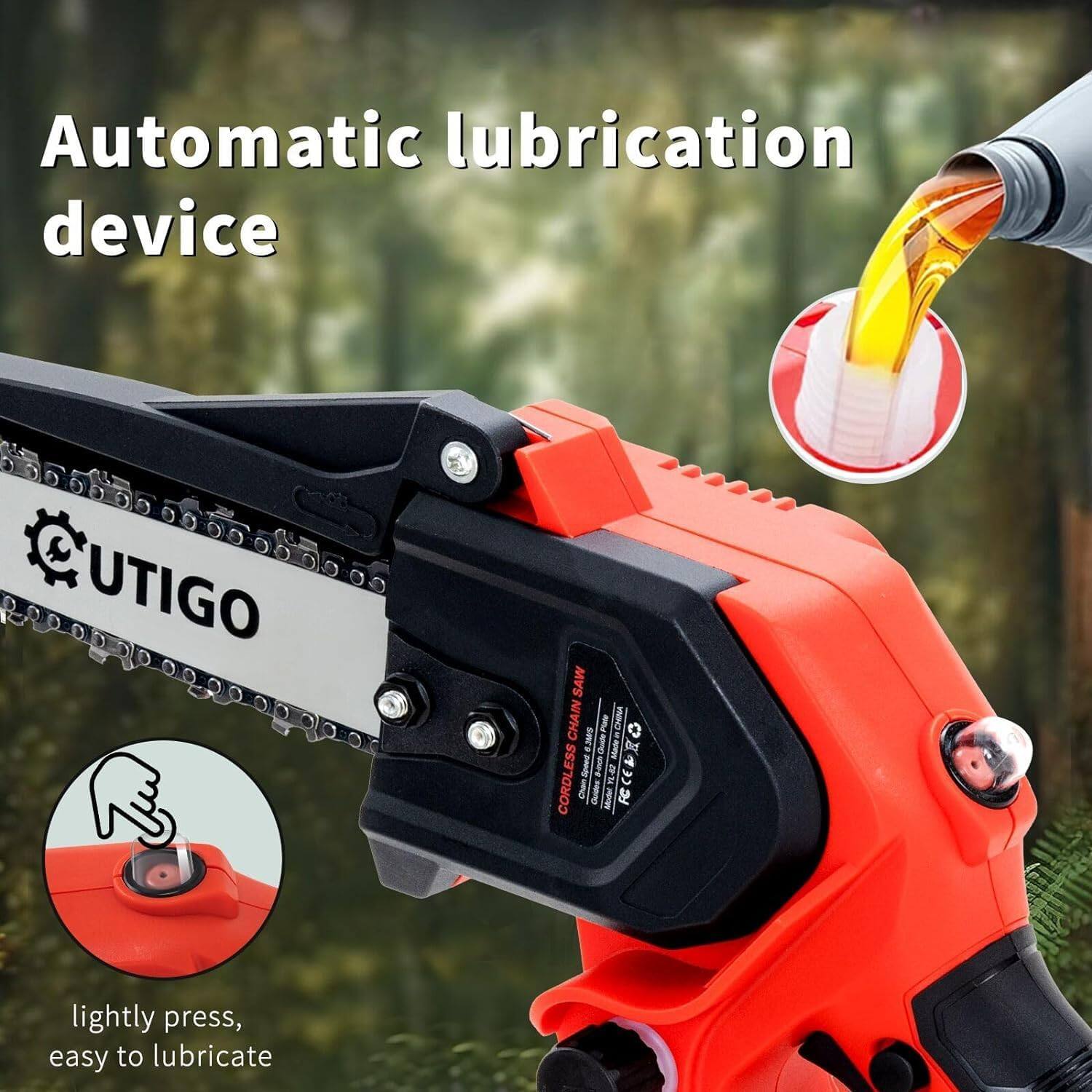 Automatic lubrication device UTIGO SAW CHAIN JARDI - Crate I Made in ESS Gpoed u FECEDEG 9 CORDLESS - Qundes I FCC lightly press, easy to lubricate.