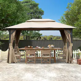 Mondawe - 10x14FT Outdoor Gazebo, Curtains and Mosquito Nettings included,Heavy Duty Metal Frame - Brown