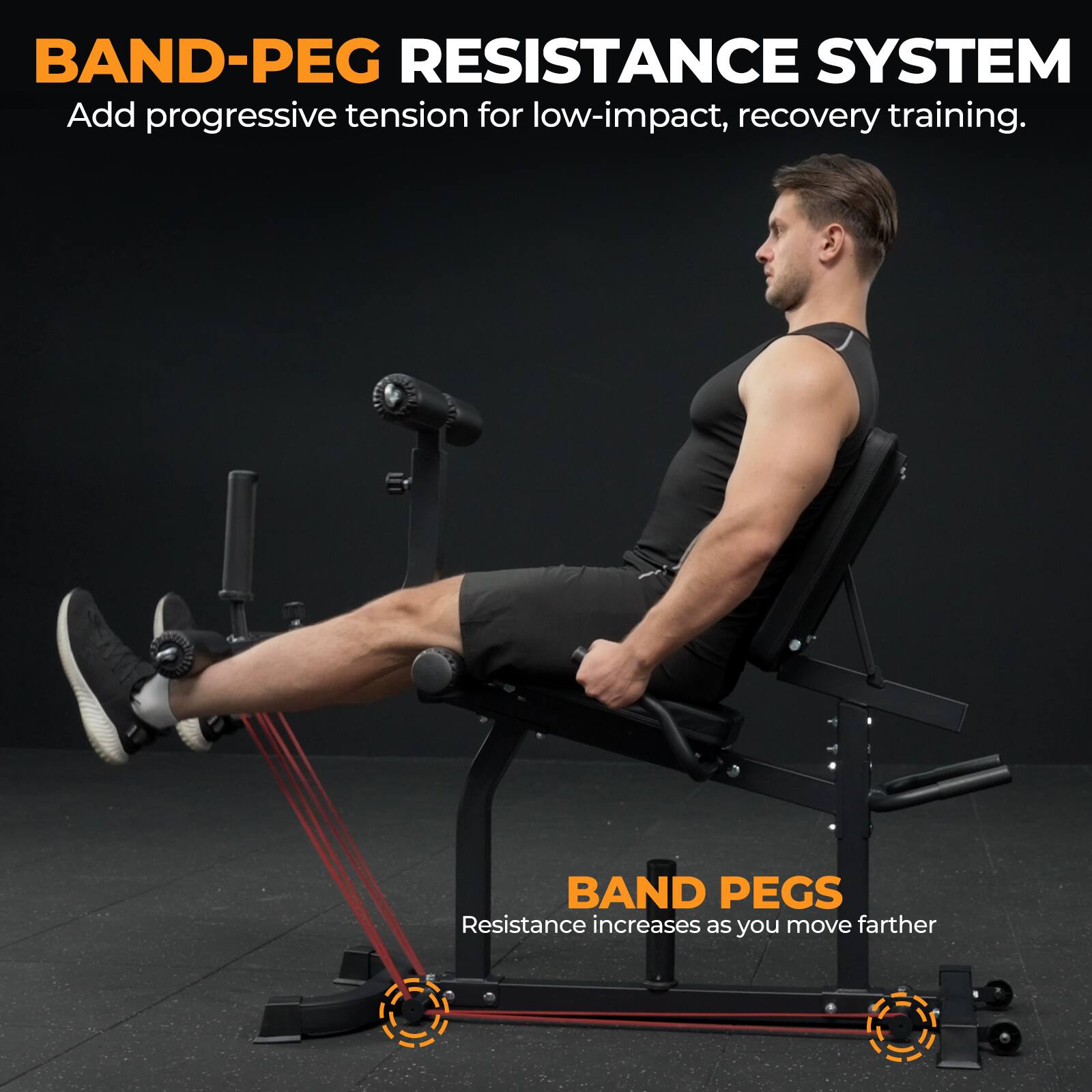 BAND-PEG RESISTANCE SYSTEM  
Add progressive tension for low-impact, recovery training.  

BAND PEGS  
Resistance increases as you move farther