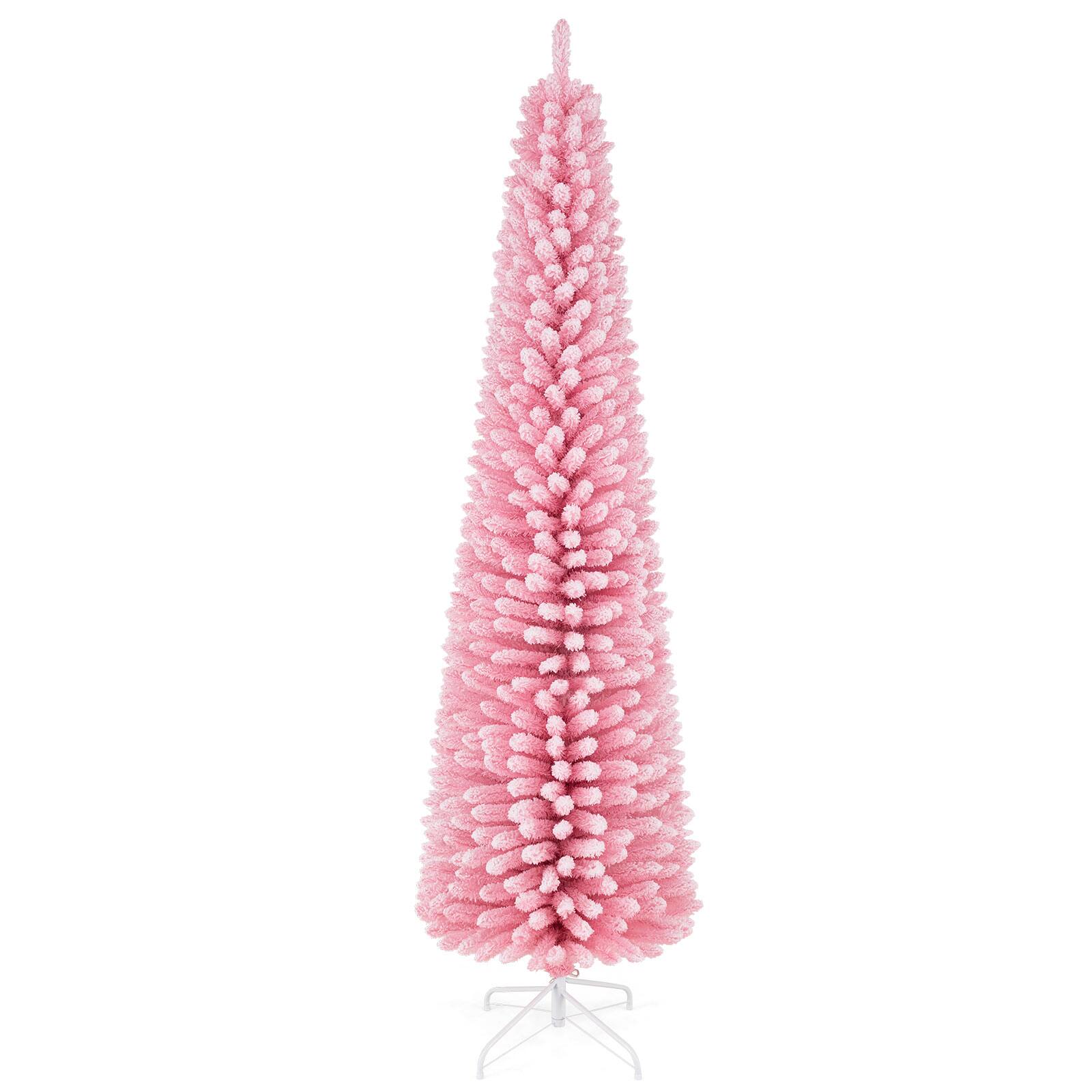 Alt View 1. Costway - Costway 7 ft Flocked Pencil Christmas Tree with 575 Full Branch Tips & Folding Metal Stand - Pink.