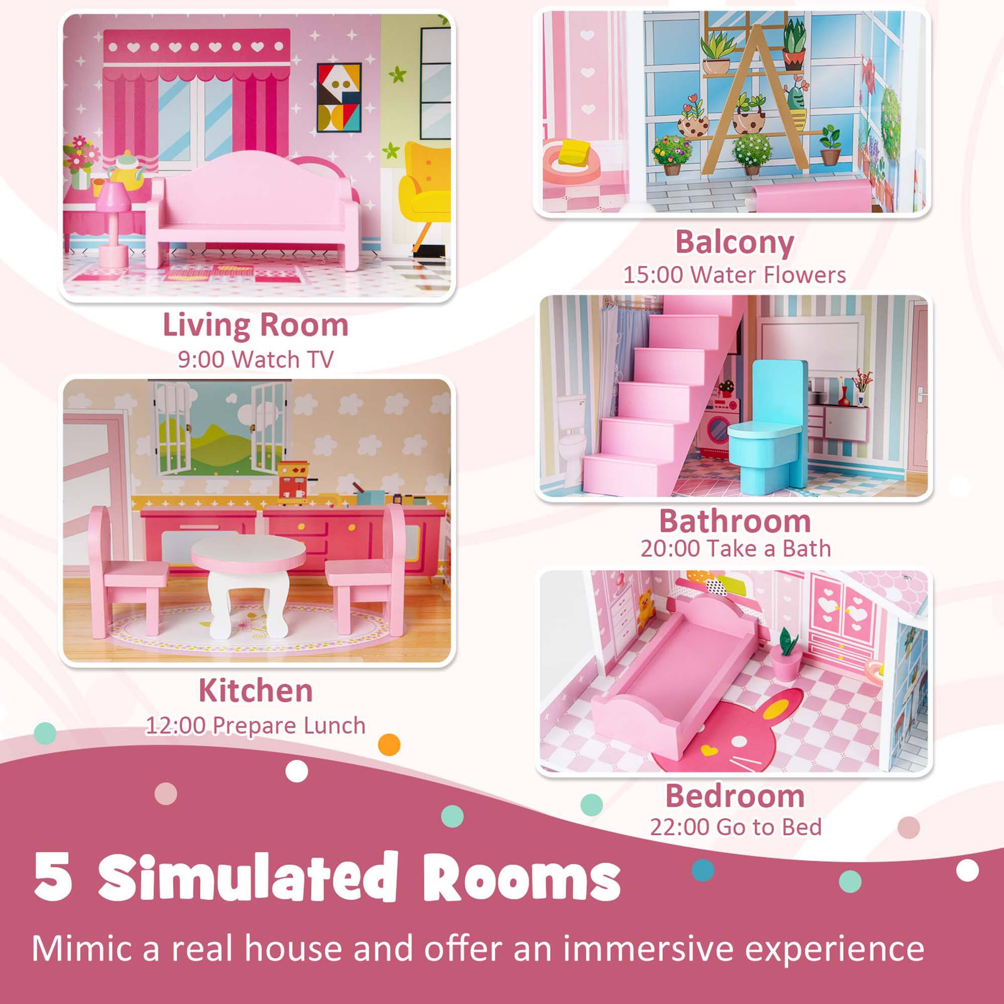 Living Room  
9:00 Watch TV  

Balcony  
15:00 Water Flowers  

Kitchen  
12:00 Prepare Lunch  

Bathroom  
20:00 Take a Bath  

Bedroom  
22:00 Go to Bed  

5 Simulated Rooms  
Mimic a real house and offer an immersive experience