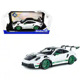 2024 Porsche 911 GT3 RS "Tribute to Carrera RS Package" White with Carbon Hood and Top & Green 1/18 Model Car by Solido