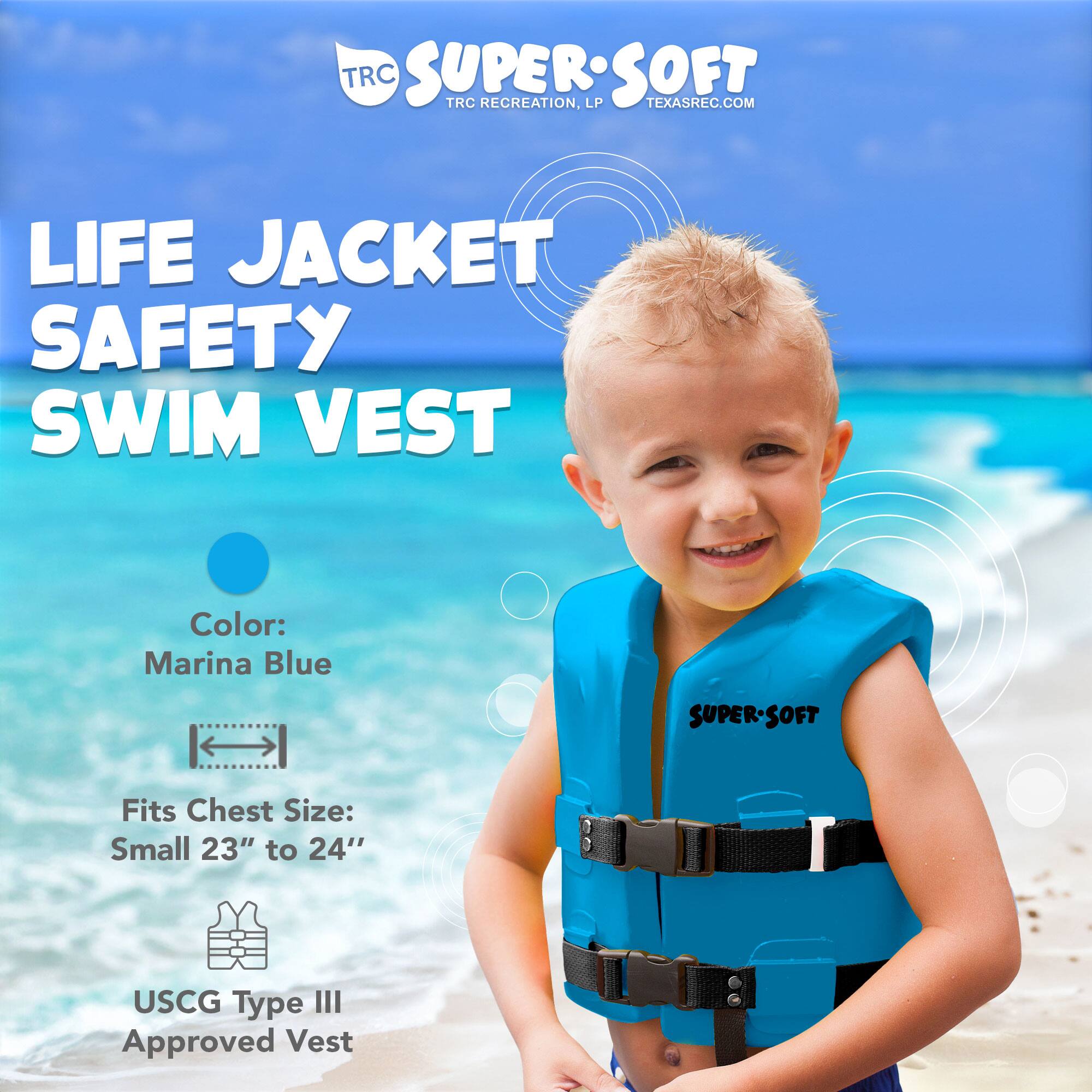 TRC SUPERSOFT  
TRC RECREATION, LP  
TEXASREC.COM  

LIFE JACKET SAFETY SWIM VEST  

Color: Marina Blue  

Fits Chest Size: Small 23" to 24"  

USCG Type III Approved Vest