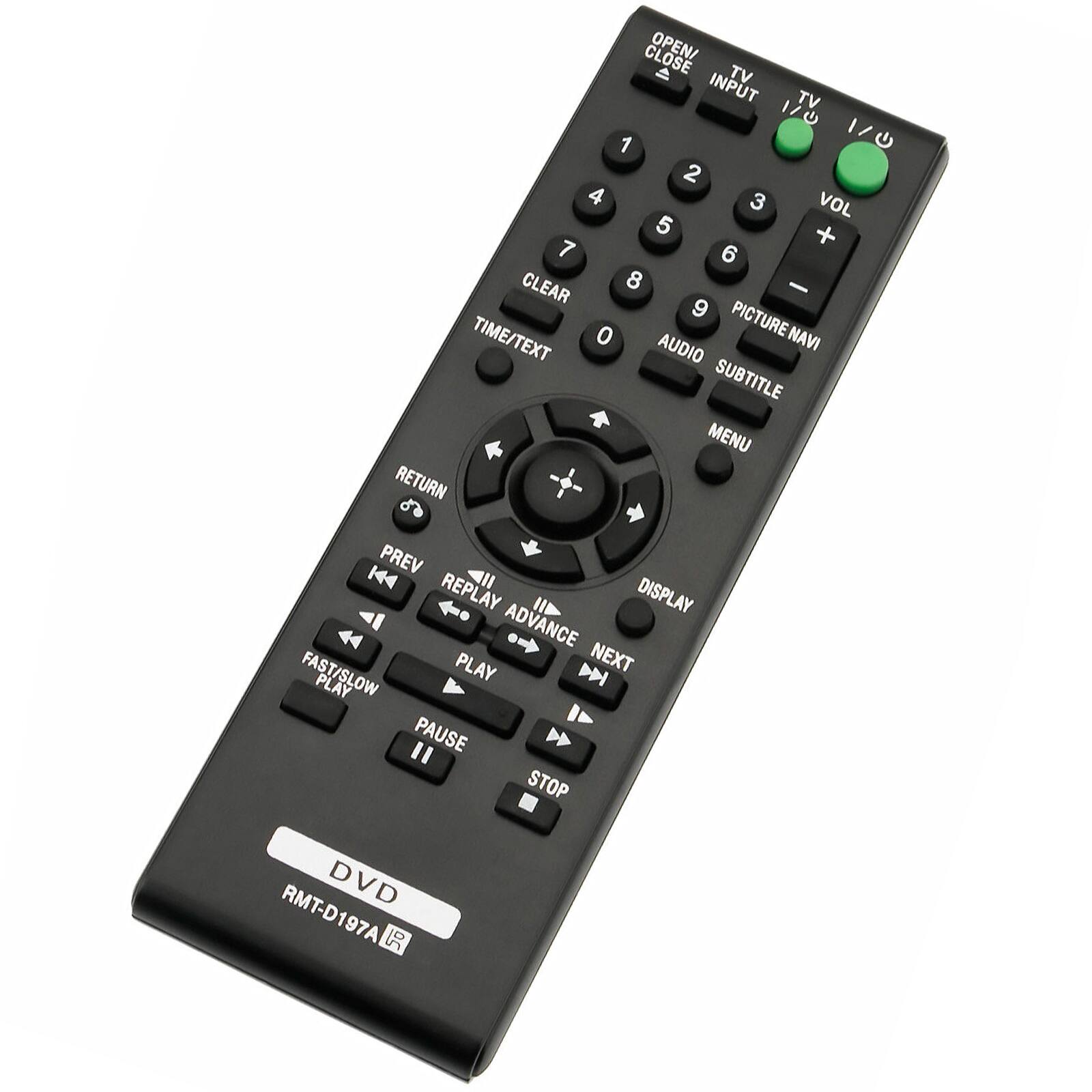 CLOSE OPEN/ TV INPUT TV 1/0  1 1/0  2 4 3 VOL 5 + 7 6 CLEAR 8 - 9 PICTURE TIME/TEXT 0 AUDIO NAVI SUBTITLE MENU RETURN PREV K REPLAY DISPLAY ADVANCE FAST/SLOW PLAY DN NEXT PLAY PAUSE STOP DVD RMT-D197A R