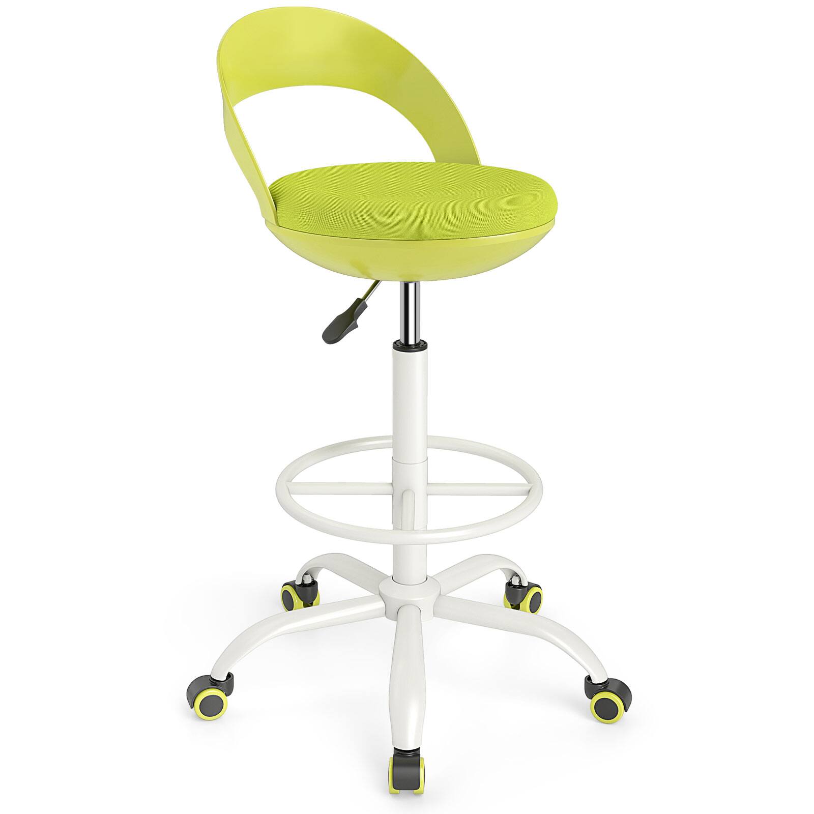 Gymax - Drafting Stool Rolling Tall Desk Chair w/ Wheels Low Backrest Footrest - Green