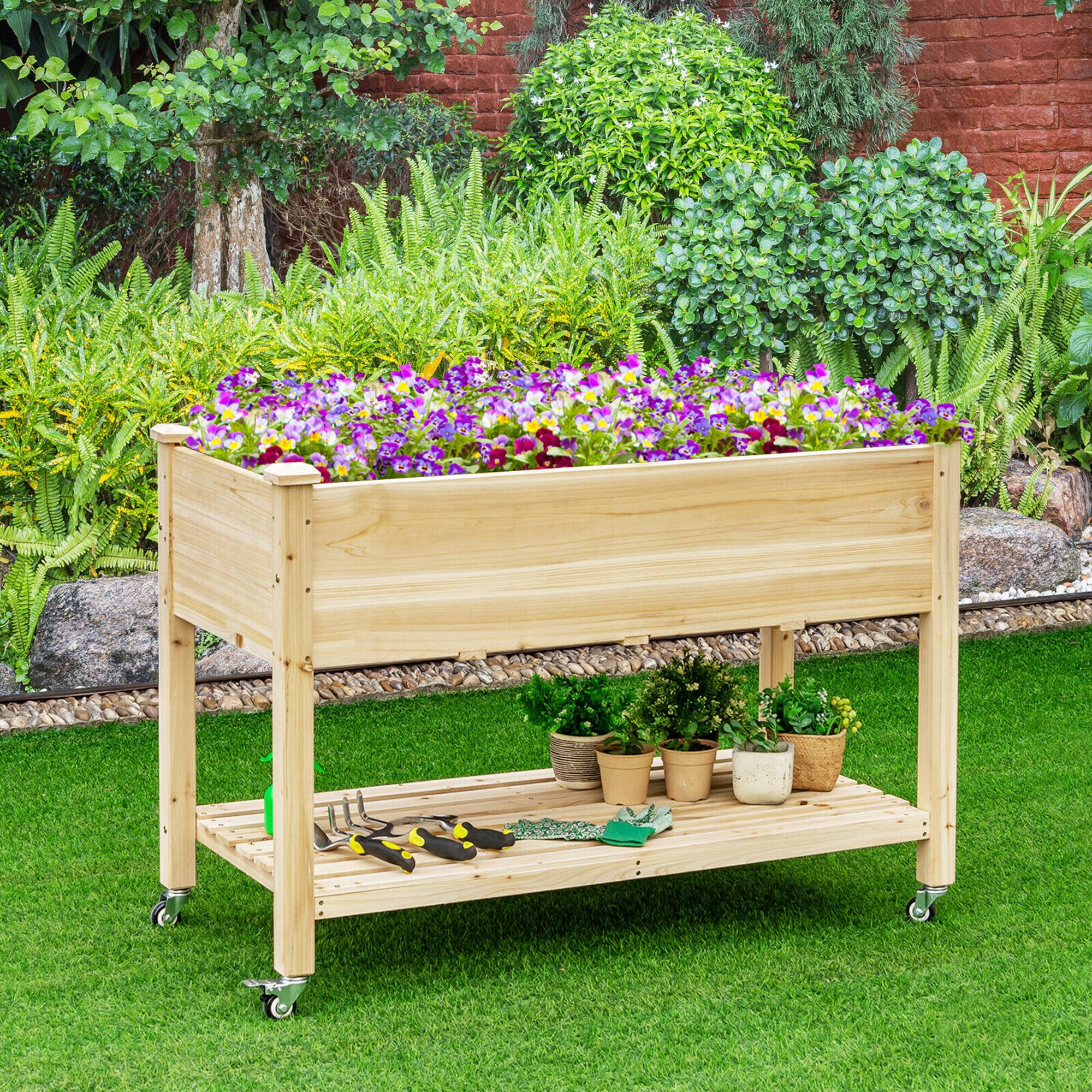 Alt View 3. Gymax - Gymax Raised Garden Bed Wood Elevated Planter Bed w/Lockable Wheels Shelf & Liner - Natural.