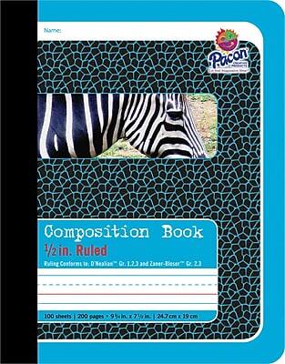 Name:  
Pacon Composition Book  
1/2 in. Ruled  
Ruling Conforms to D'Nealian Gr. 1, 2, 3 and Zaner-Bloser Gr. 2, 3  
100 sheets | 200 pages | 9 3/4 in. x 7 1/2 in. (24.7 cm x 19 cm)