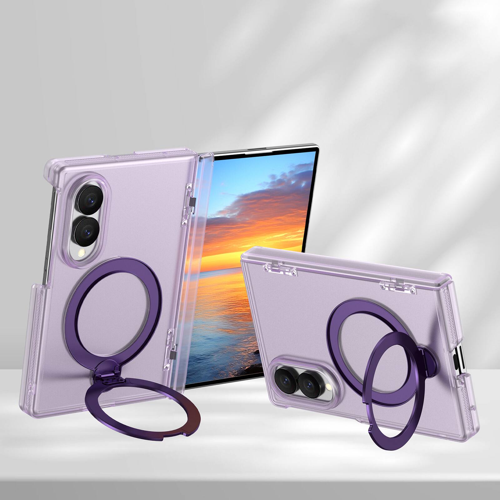 Angle. Dteck - Shockproof Frosted Phone Case for Samsung Galaxy Z Fold8 with Ring Stand, Rugged Slim Magnetic Rigid Plastic Hinge Cover - Mattepurple.