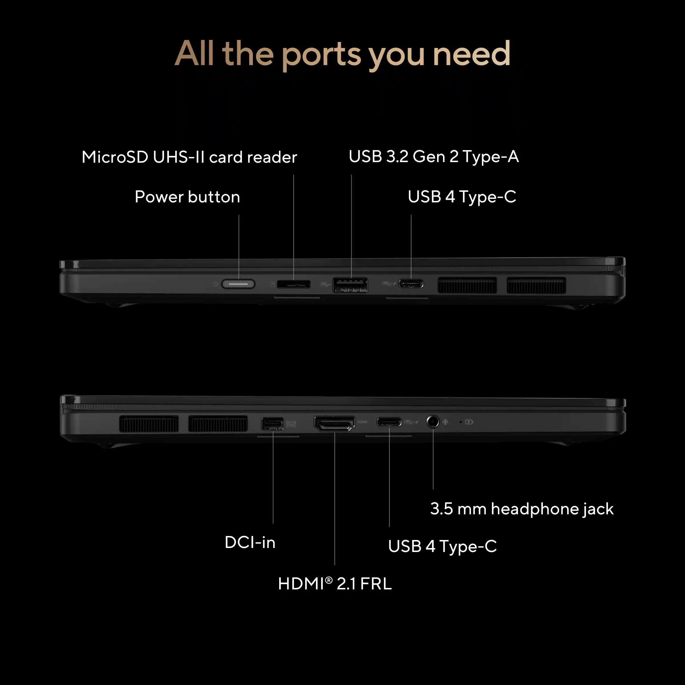 All the ports you need

- MicroSD UHS-II card reader
- Power button
- USB 3.2 Gen 2 Type-A
- USB 4 Type-C
- 3.5 mm headphone jack
- DCI-in
- HDMI 2.1 FRL