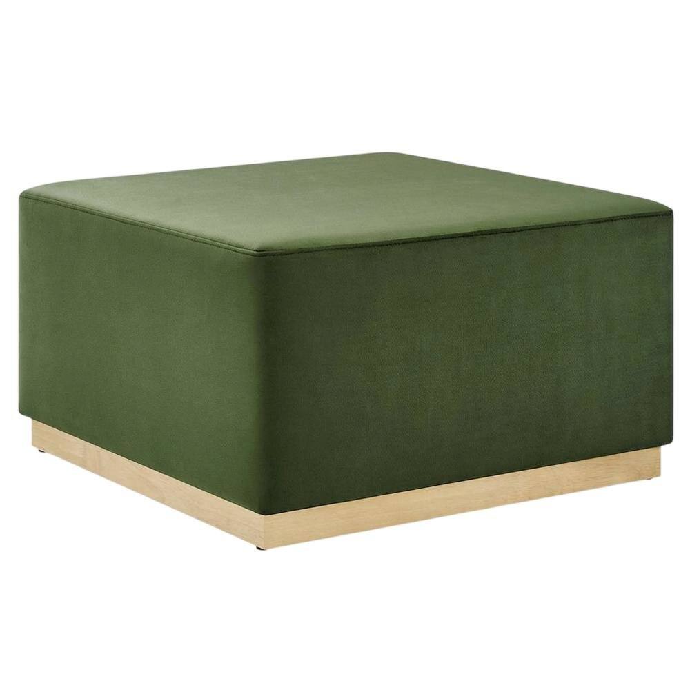 Front. Outdoor Escape - Square Performance Velvet Ottoman, Neutral Color, Plush Upholstery, Patio Spaces - Green.