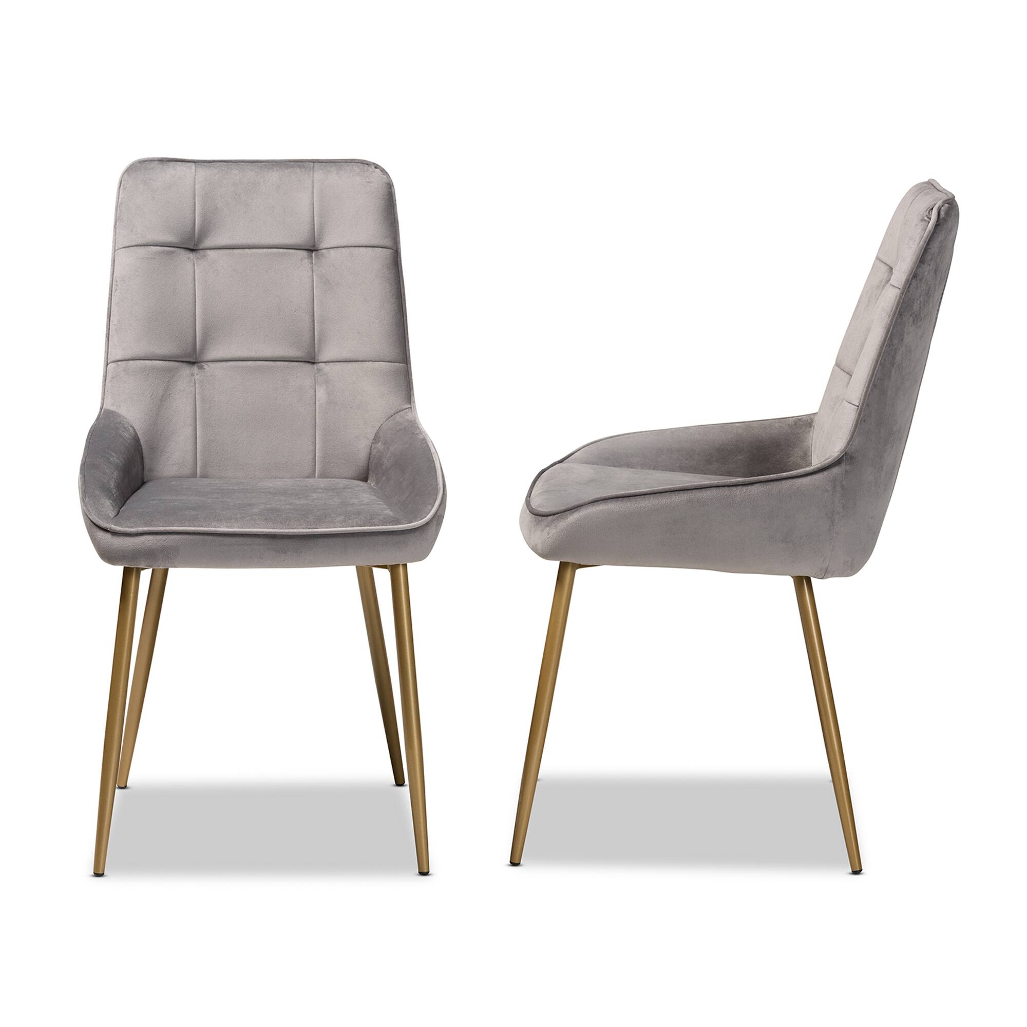 Left. Baxton Studio - Gavino Modern Glam Velvet Fabric Upholstered and Gold Finished Metal 2-Piece Dining Chair Set - Grey/Gold.