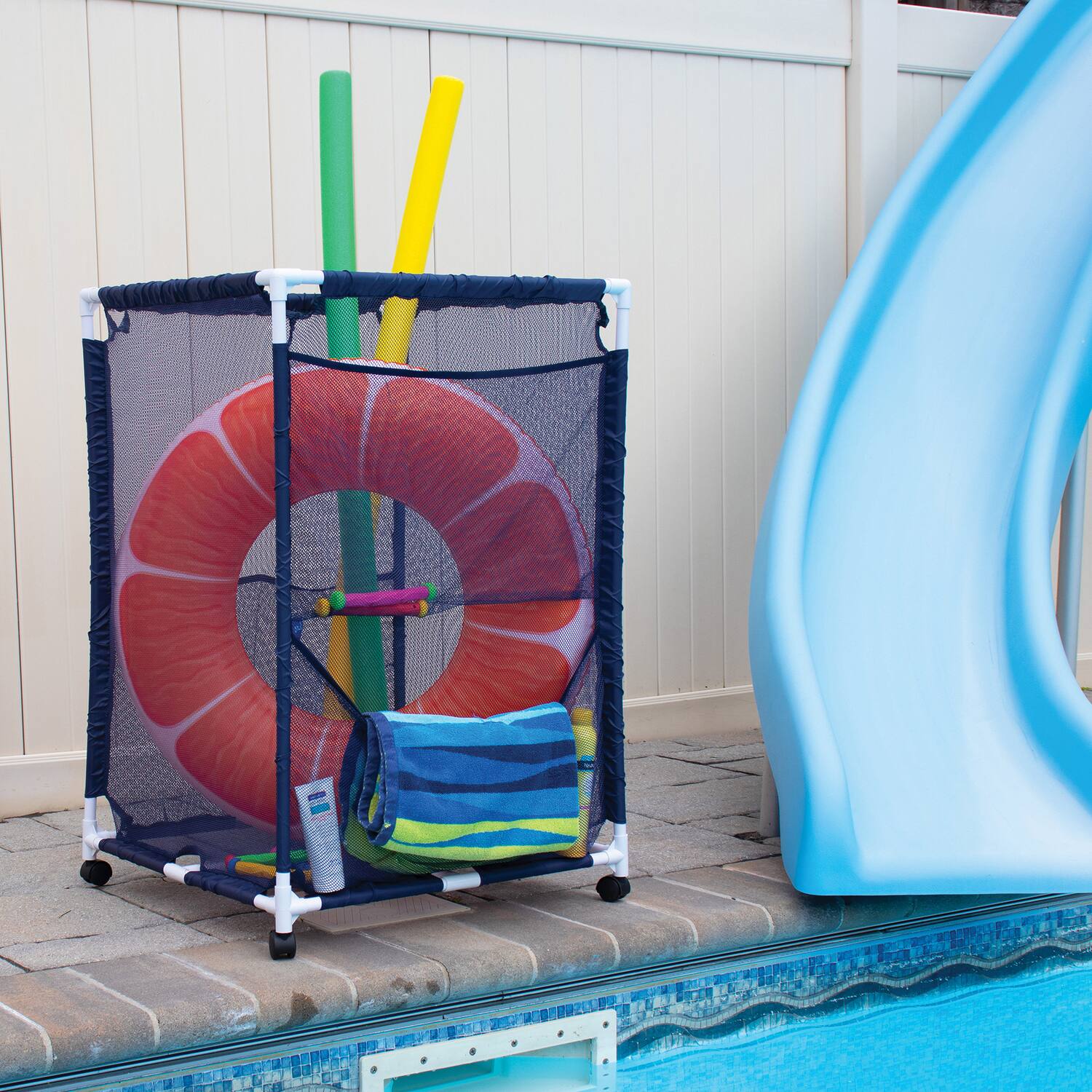 Alt View 1. Pool Bins - Pool Storage Mesh Rolling Organizer, Large, 25.4" x 25.4" x 40", PB-M200.