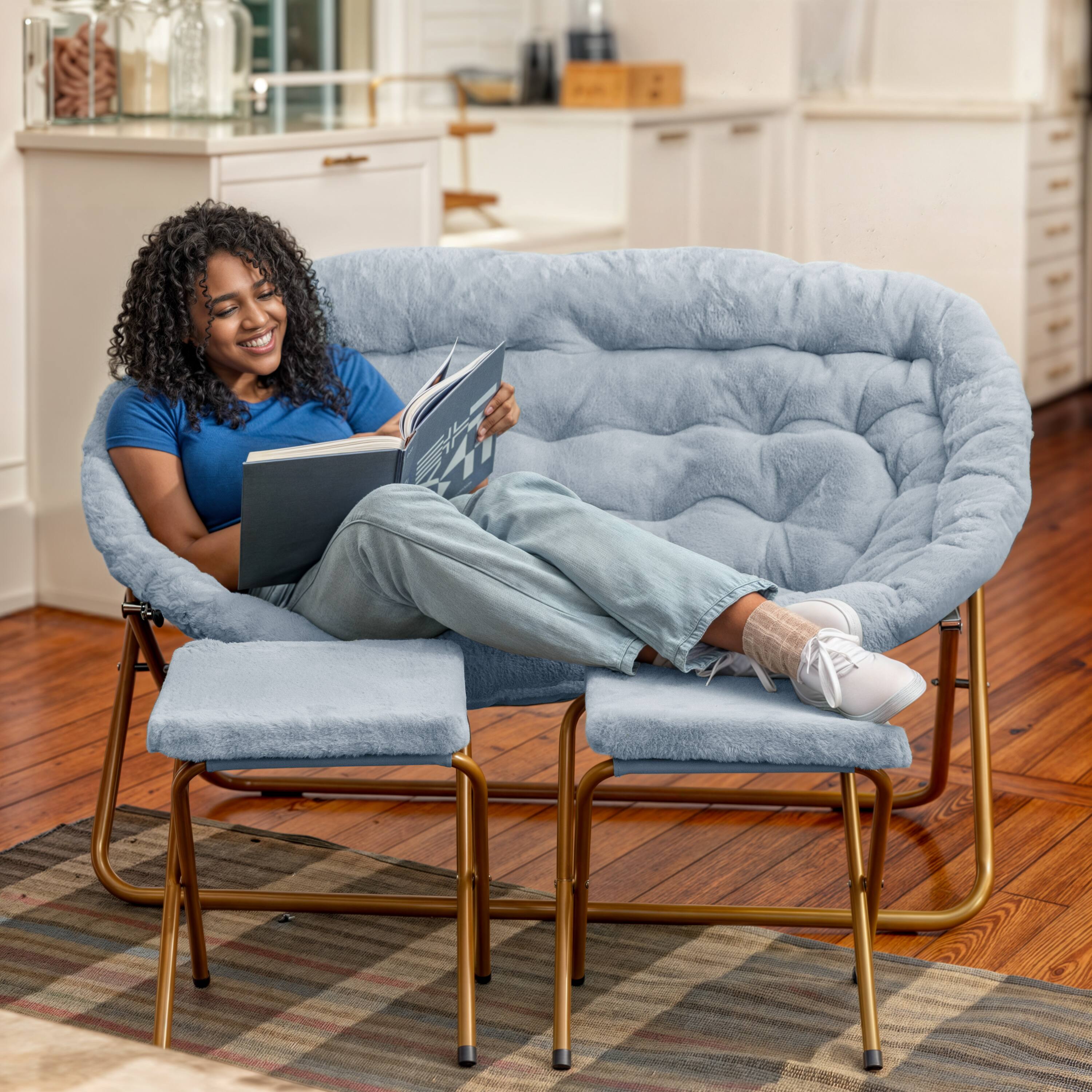 Alt View 3. Emma + Oliver - Janey Folding Double Saucer Chair with 2 Ottomans and Steel Frame for Dorm or Bedroom - Aqua Fabric/Soft Gold Frame.