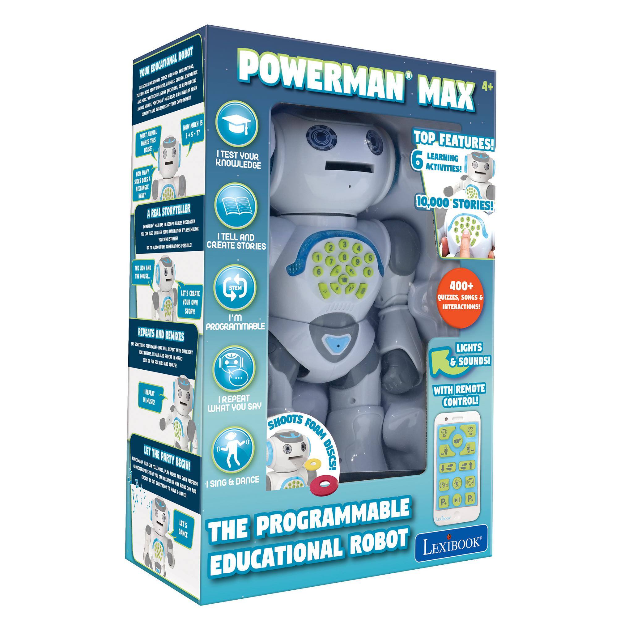 EDUCATIONAL ROBOT YOUR INTRACTIONS ENVALOXI POWERMAN MAX BOW MUCK WHAT MIL 3+5- ? THIS TOP FEATURES! NET | TEST YOUR LEARNING KNOWLEDGE 6 ACTIVITIES! ARES 305 STORYTELLER 10,000 STORIES! REAL WITH BEEN | TELL AND RISALE CREATE STORIES

18 D  KISL STEM 275 DEATE YOUR DVN STARY! I'm PROGRAMMABLE REPEATS AND REPOIXES ARE OZ NEAL any

400+ QUIZZES, SONGS & INTERACTIONS! LIGHTS & SOUNDS! | EDAIT WITH REMOTE HISO IREPEAT I CONTROL! WHAT YOU SAY SHOOTS FOAM LET THE DISCS! PARTY BEGINE REDIUM SING & DANCE P. P. DAINCE 12's THE PROGRAMMABLE ROBOT LEXIBOOK Ledicor EDUCATIONAL