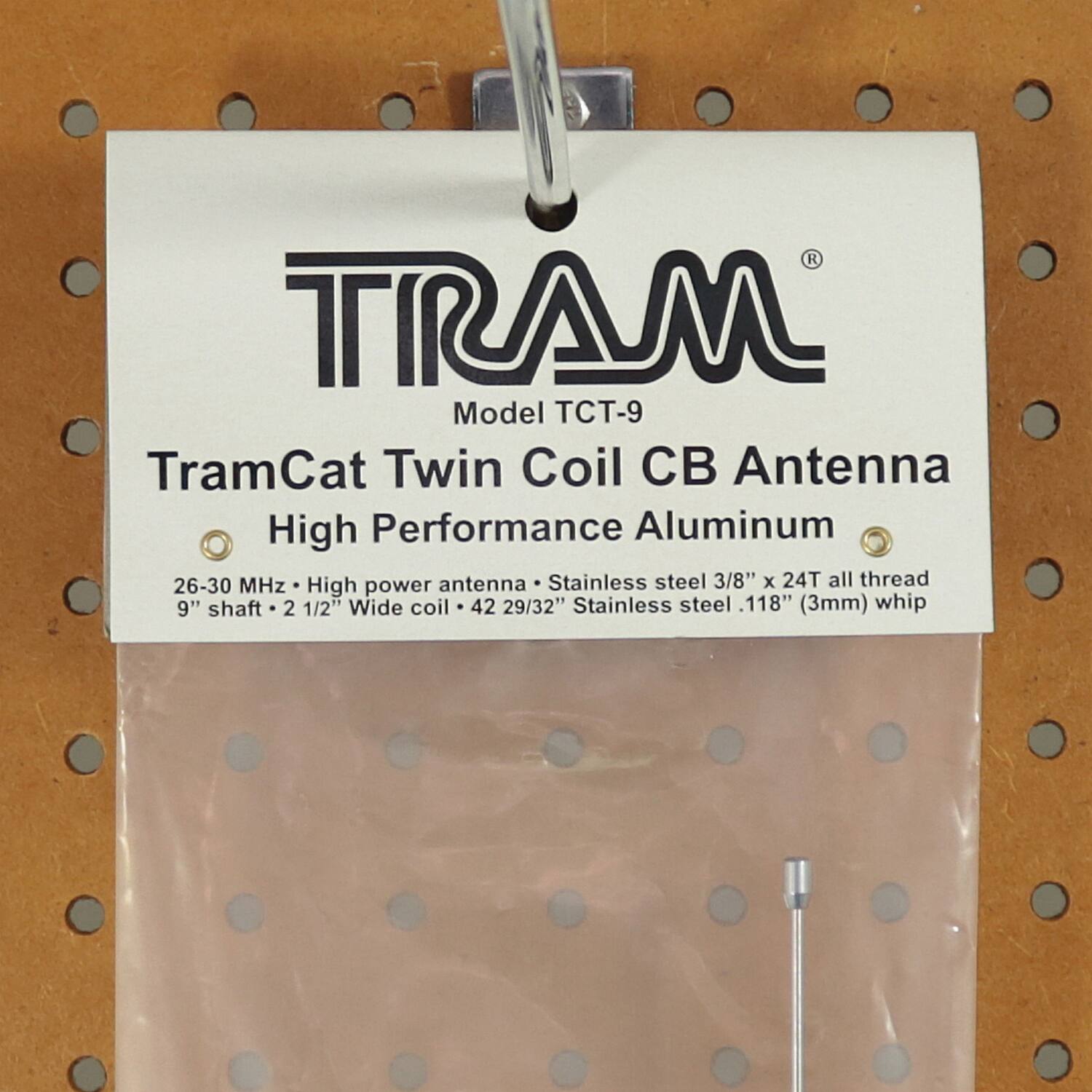 TRAM  
Model TCT-9  
TramCat Twin Coil CB Antenna  
High Performance Aluminum  

26-30 MHz • High power antenna • Stainless steel 3/8" x 24T all thread  
9" shaft • 2 1/2" Wide coil • 42 29/32" Stainless steel .118" (3mm) whip