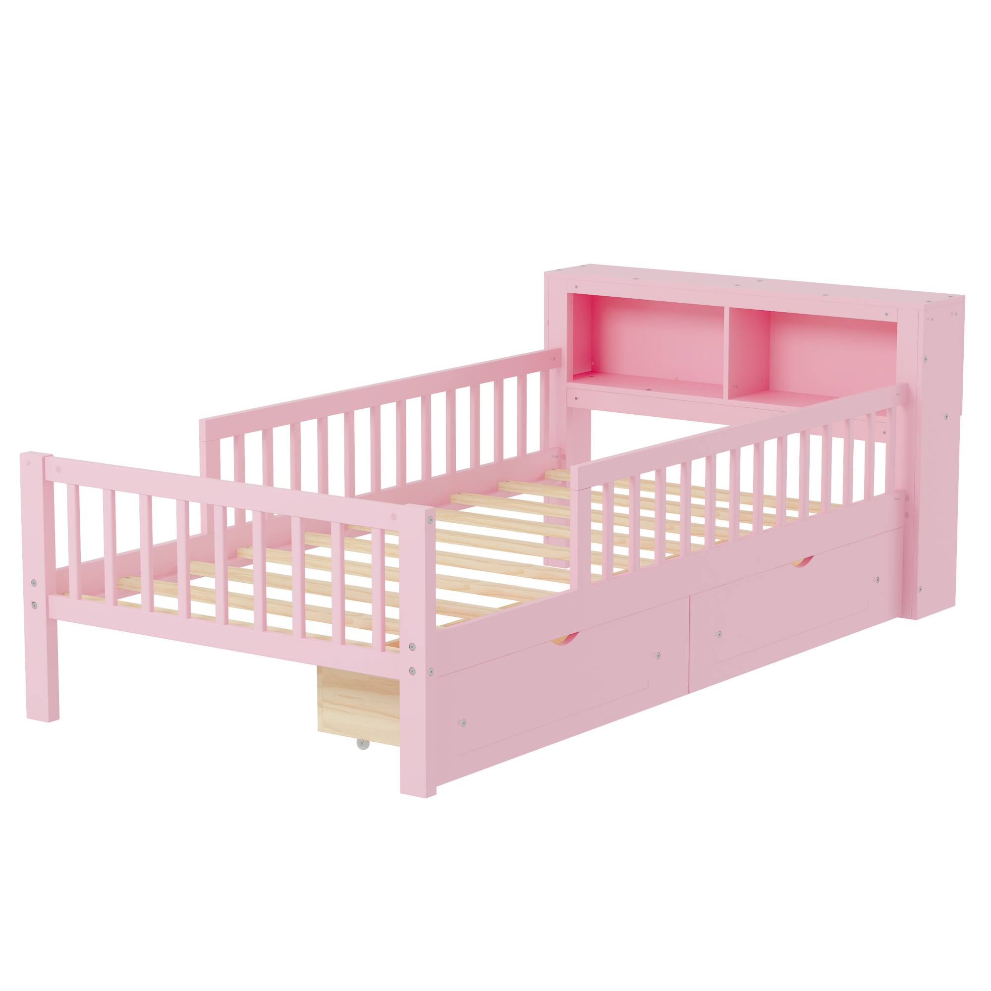 Alt View 5. GOODSILO - Twin Size Bed with Headboard Storage and Under-Bed Drawers Featuring Safety Guardrails - Pink.