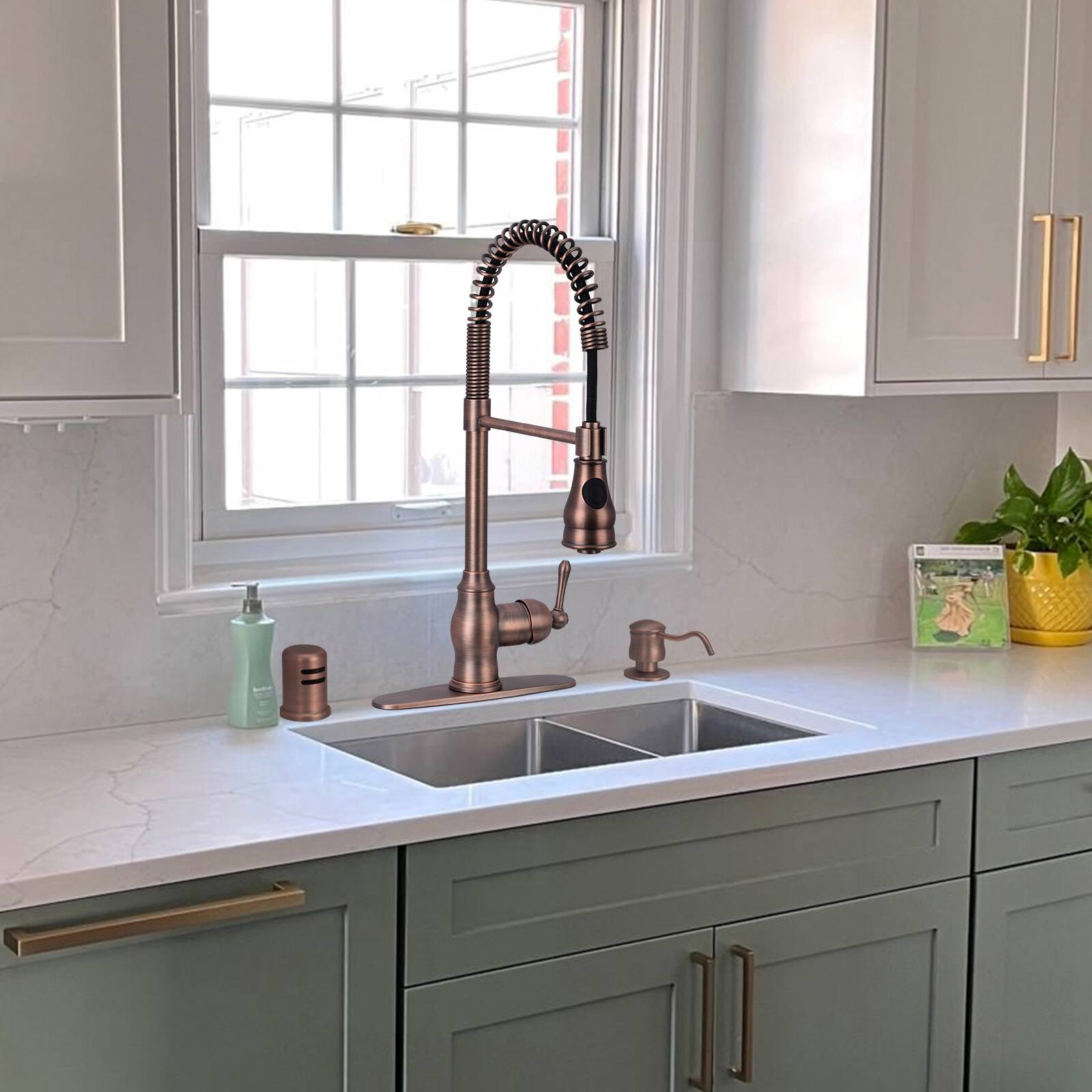 Alt View 7. Akicon - Akicon Pre-Rinse Spring 360° Swivel Solid Brass Single Handle Kitchen Faucet with Pull Down Sprayer in Antique Brass - Antique Brass.
