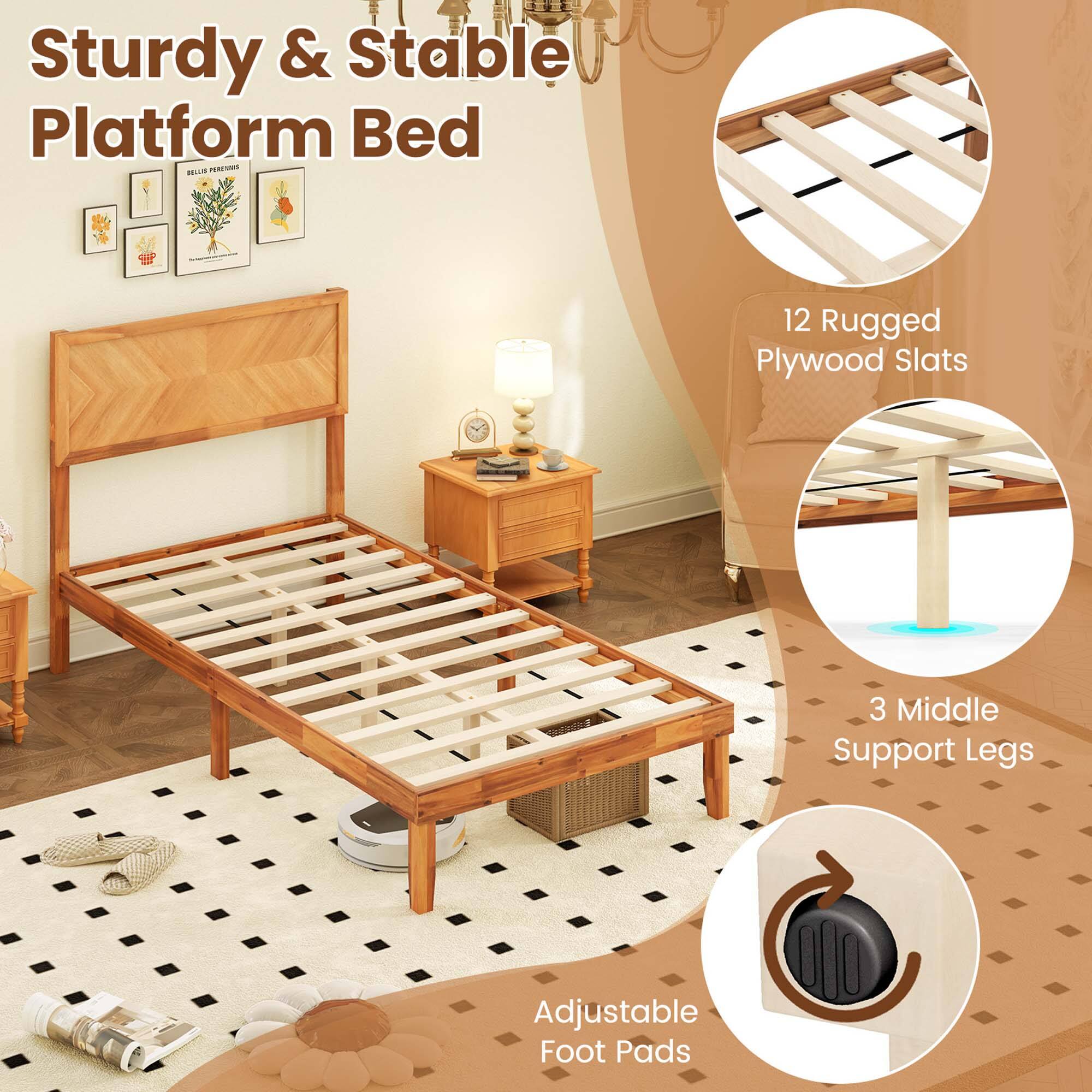 Sturdy & Stable Platform Bed

12 Rugged Plywood Slats
3 Middle Support Legs
Adjustable Foot Pads