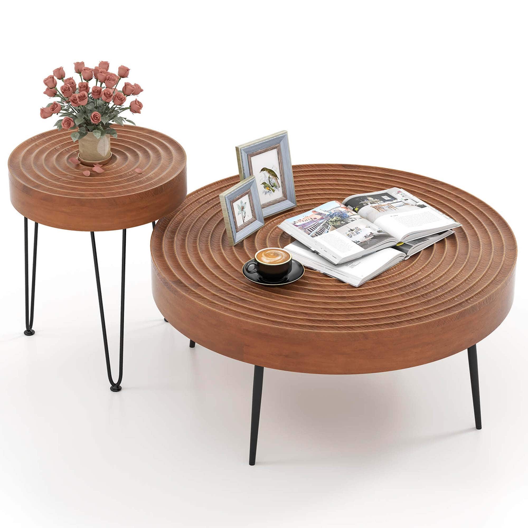 Front. Costway - Farmhouse Round CoffeeTable Set of 2 End Table Natural Finish for Living Room Brown - Brown.