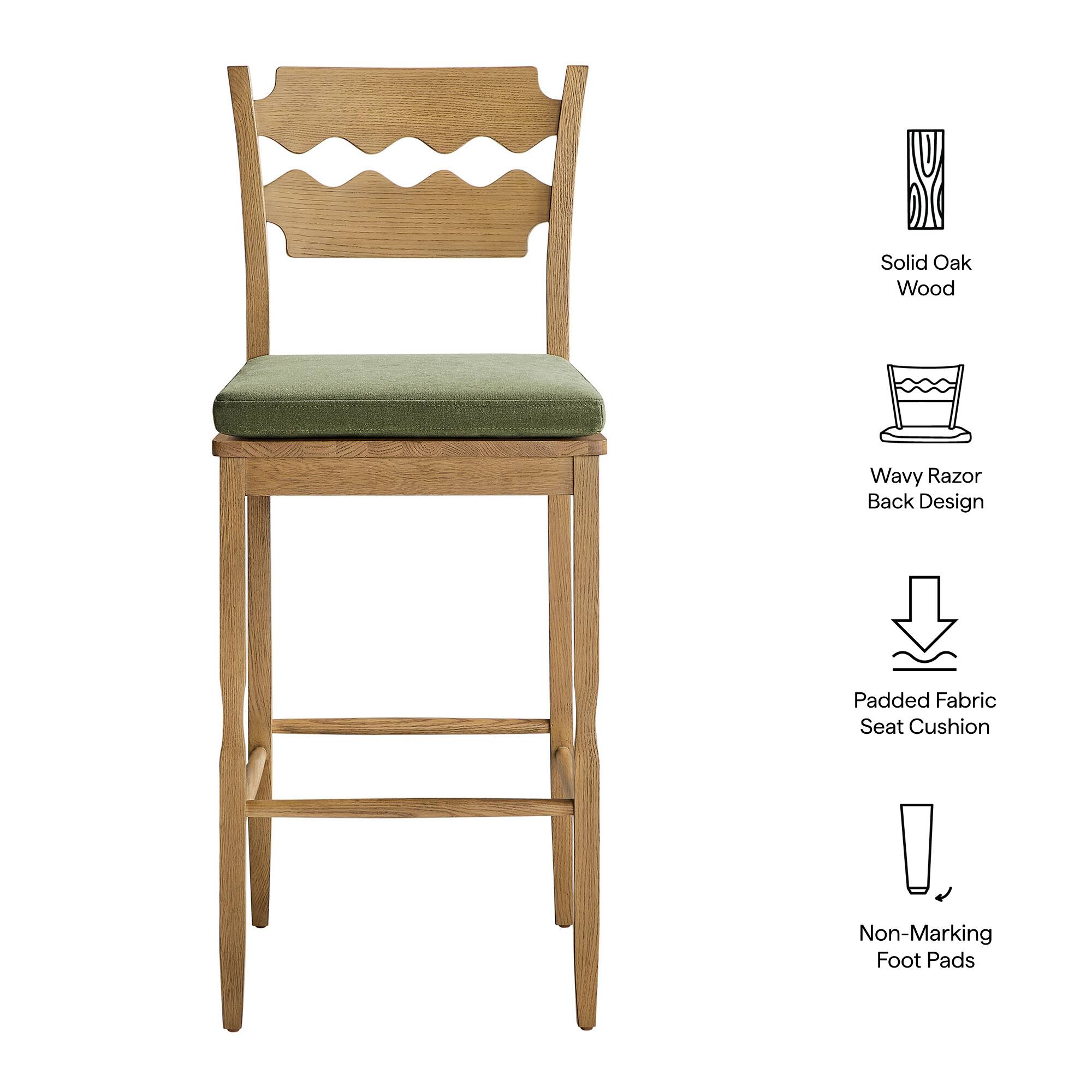 Solid Oak Wood Wavy Razor Back Design Padded Fabric Seat Cushion Non-Marking Foot Pads