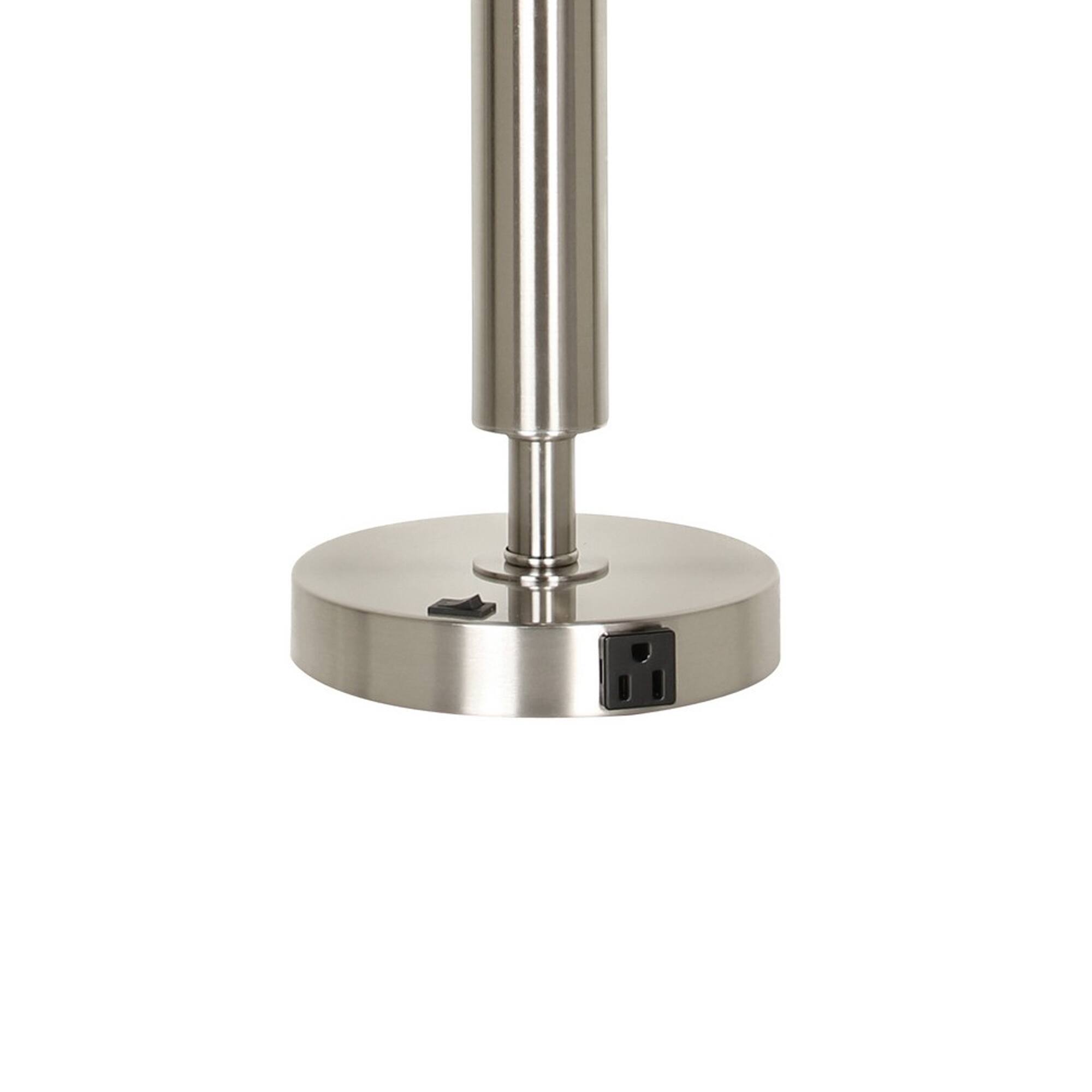 Back. Manhattan Lane - Metal Table Lamp with Fabric Drum Shade - Silver and White.
