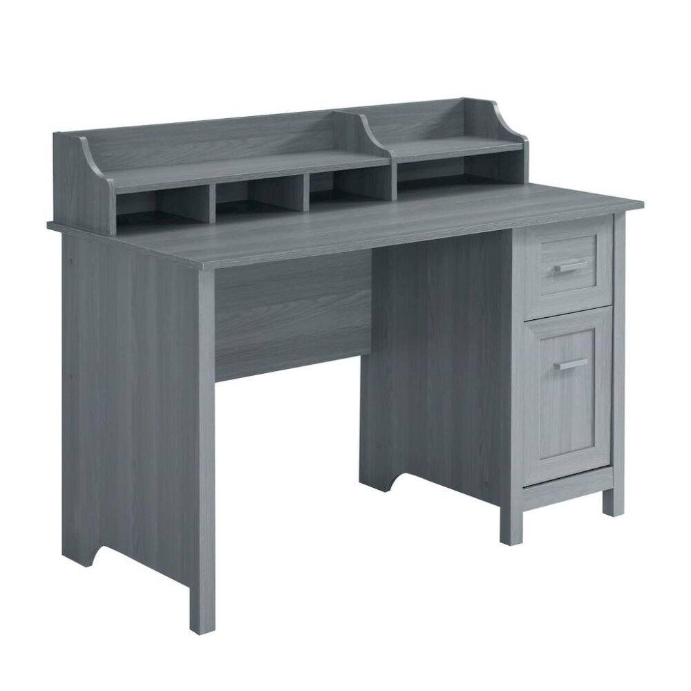 Front. FurniFact - Wood Desk with Drawer, Door and 6 Shelves, Gray Office Writing Desk with Storage - Gray.