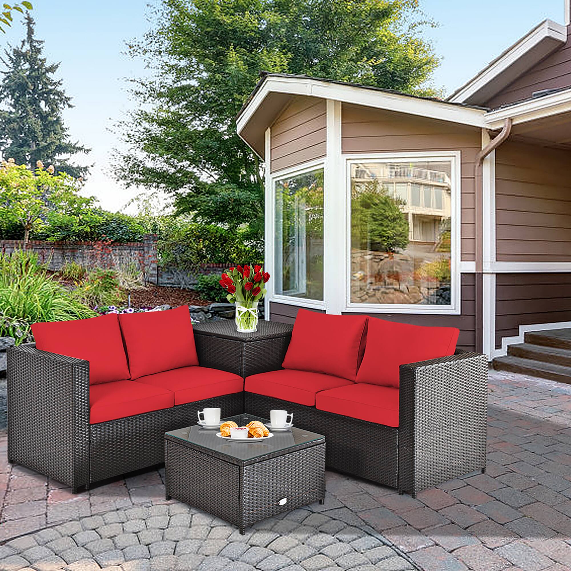 Alt View 1. Costway - Costway 4PCS Outdoor Patio Rattan Furniture Set Cushioned Loveseat Storage Table - Red.