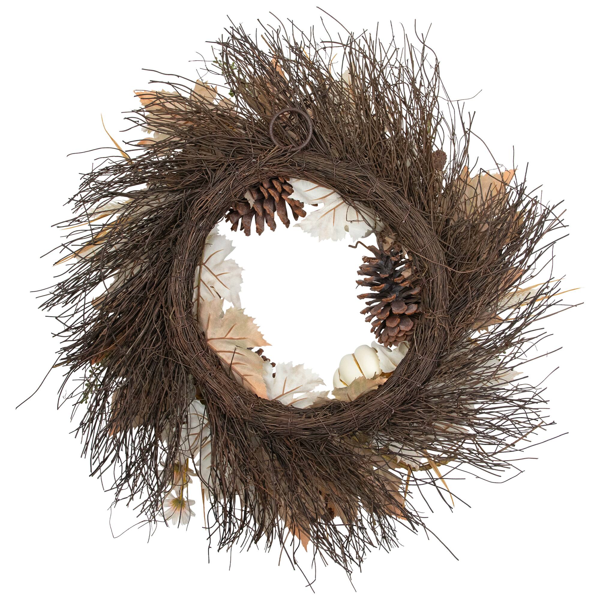 Alt View 9. Northlight - Pumpkin, Wheat and Pinecone Artificial Floral Fall Harvest Wreath - 24" - Ivory.