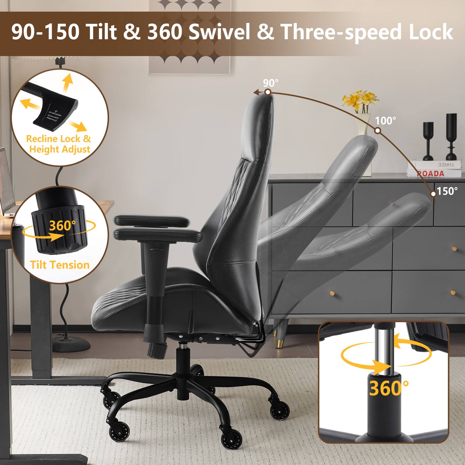 90-150 Tilt & 360 Swivel & Three-speed Lock  
90-100 Recline Lock & Height Adjust  
Tilt Tension