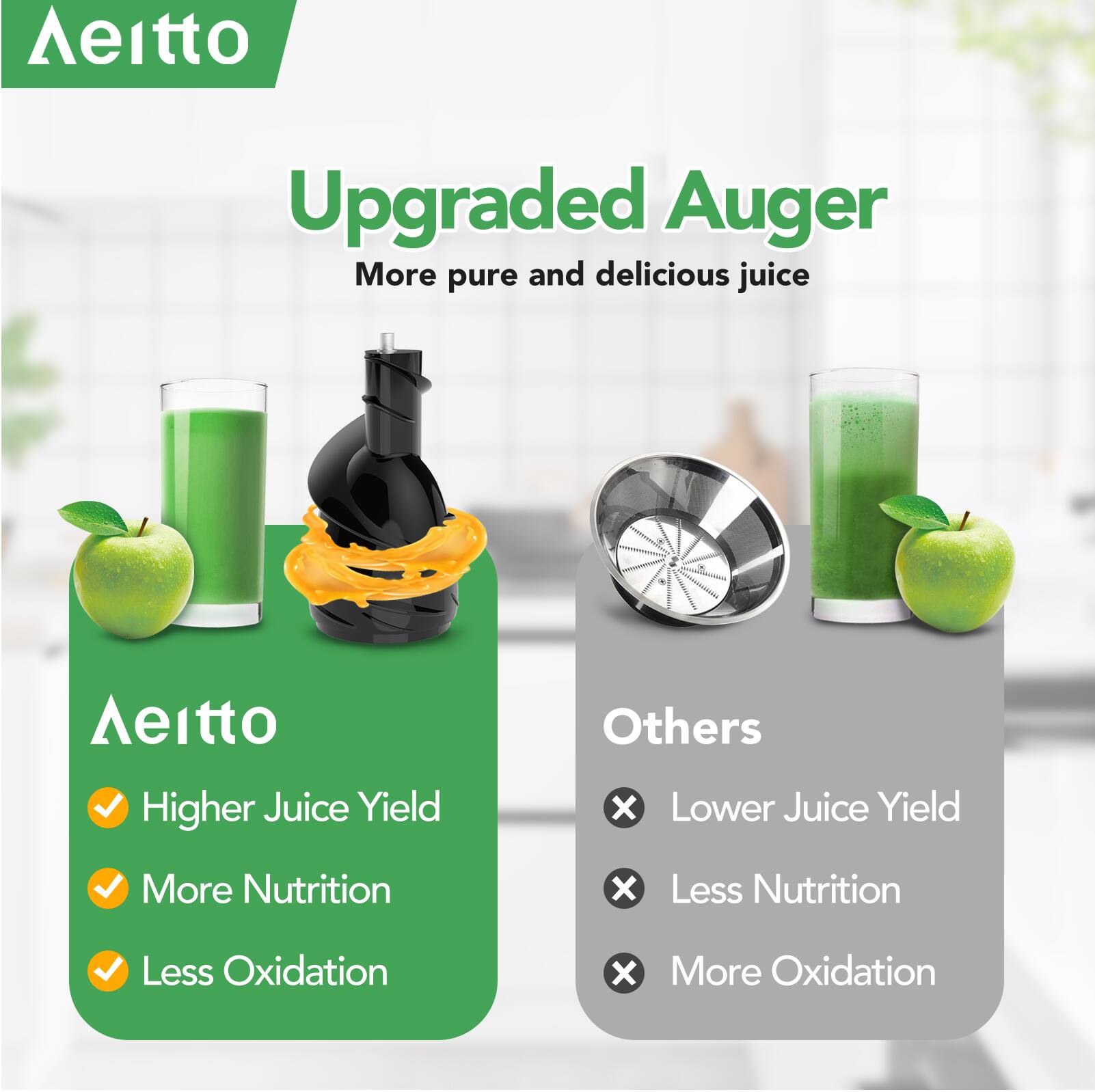 **Upgraded Auger**  
More pure and delicious juice

**Aeitto**  
- Higher Juice Yield  
- More Nutrition  
- Less Oxidation  

**Others**  
- Lower Juice Yield  
- Less Nutrition  
- More Oxidation