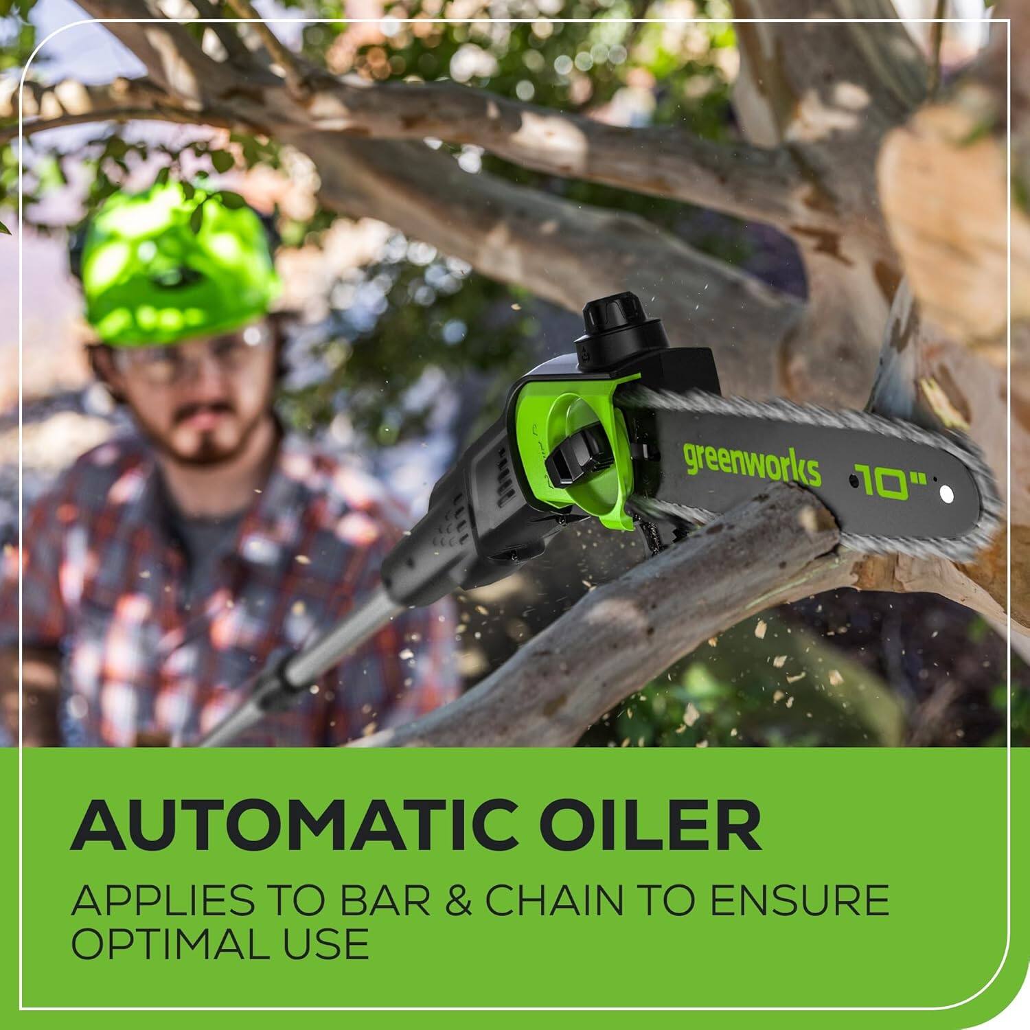 greenworks 10" AUTOMATIC OILER APPLIES TO BAR & CHAIN TO ENSURE OPTIMAL USE