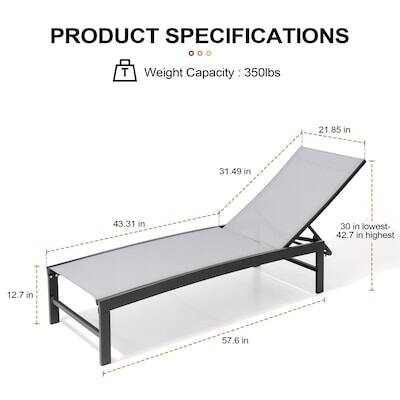 PRODUCT SPECIFICATIONS

Weight Capacity: 350lbs

21.85 in
31.49 in
43.31 in
12.7 in
30 in lowest - 42.7 in highest
57.6 in