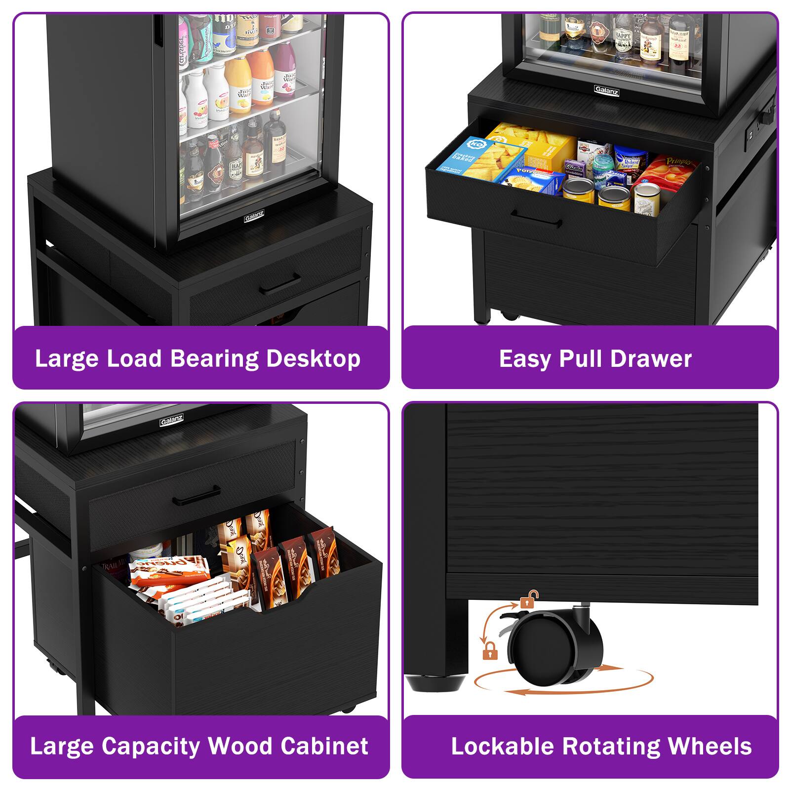 - Large Load Bearing Desktop
- Easy Pull Drawer
- Large Capacity Wood Cabinet
- Lockable Rotating Wheels