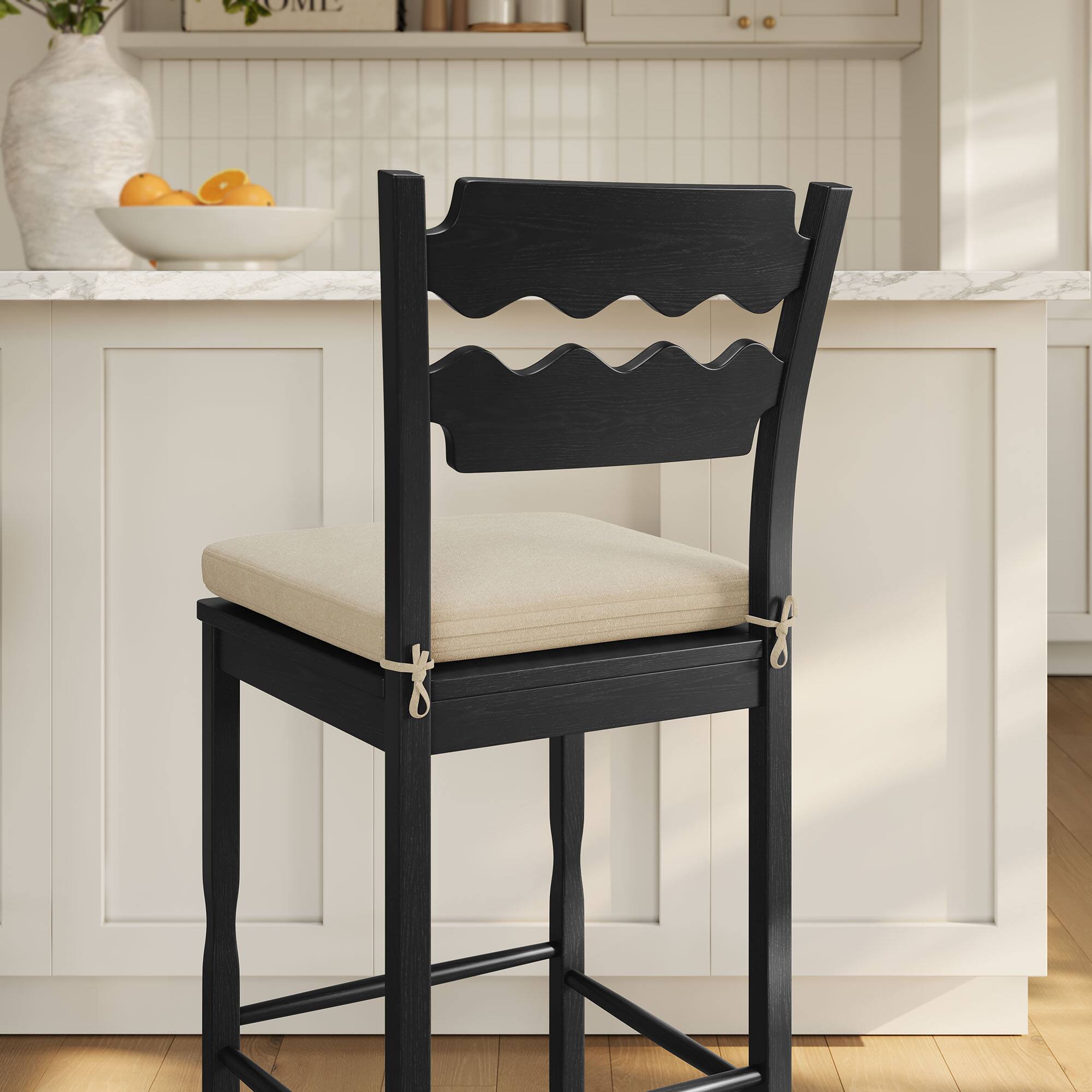 Alt View 1. Modway - Jax Oak Wood Bar Stool With Wavy Razor Back and Cushion by Modway - Black Linen.