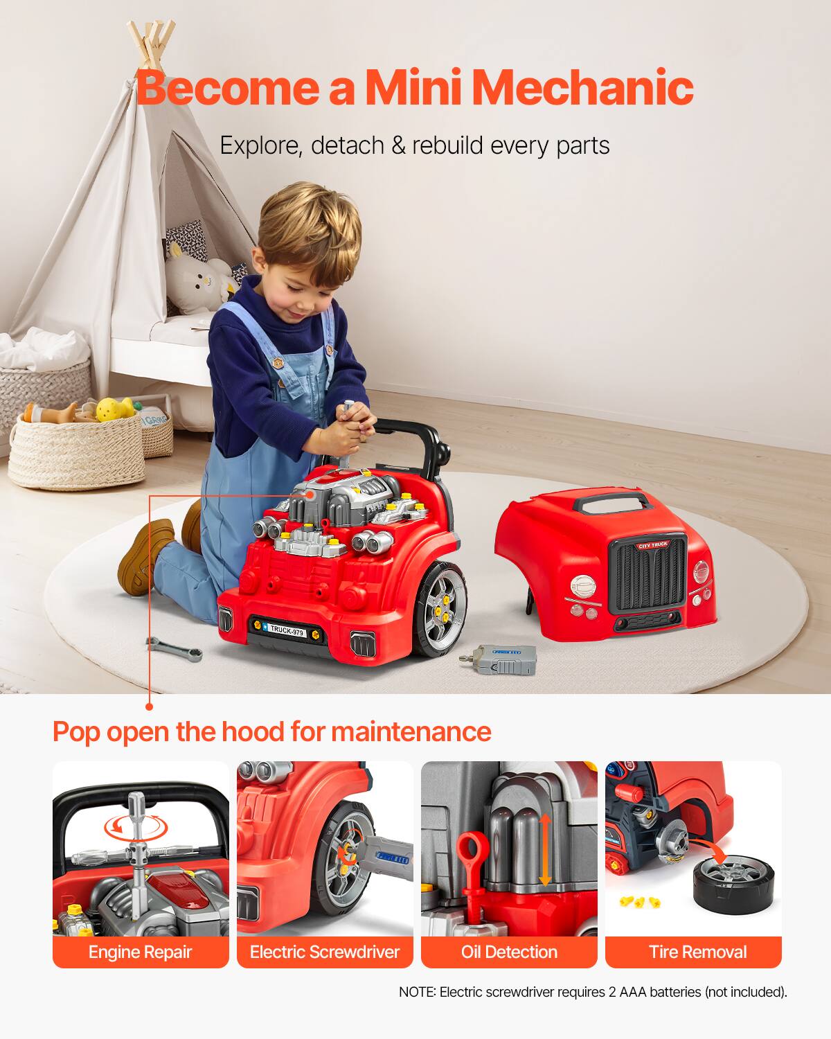 Become a Mini Mechanic  
Explore, detach & rebuild every parts  

Pop open the hood for maintenance  

- Engine Repair  
- Electric Screwdriver  
- Oil Detection  
- Tire Removal  

NOTE: Electric screwdriver requires 2 AAA batteries (not included).