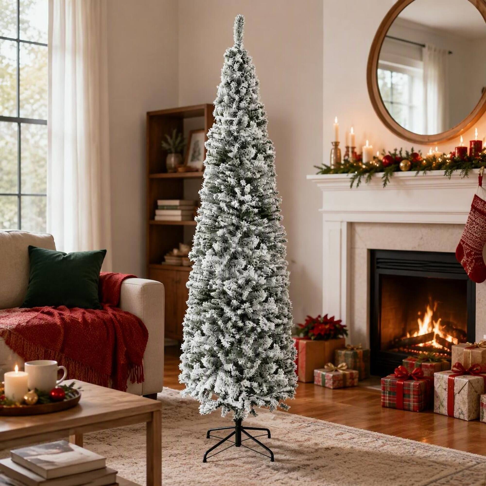 Angle. RYHNUYNE - 9Ft Flocked Pencil Artificial Christmas Tree, Faux Snow Realistic Branches Bendable Design Indoor Holiday Home Decor - Green.