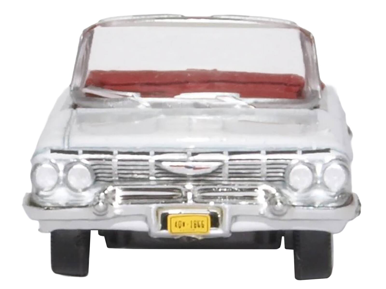 Left. Oxford Diecast - 1961 Chevrolet Impala Convertible Ermine White with Roman Red Interior 1/87 (HO) Scale - White, Red.