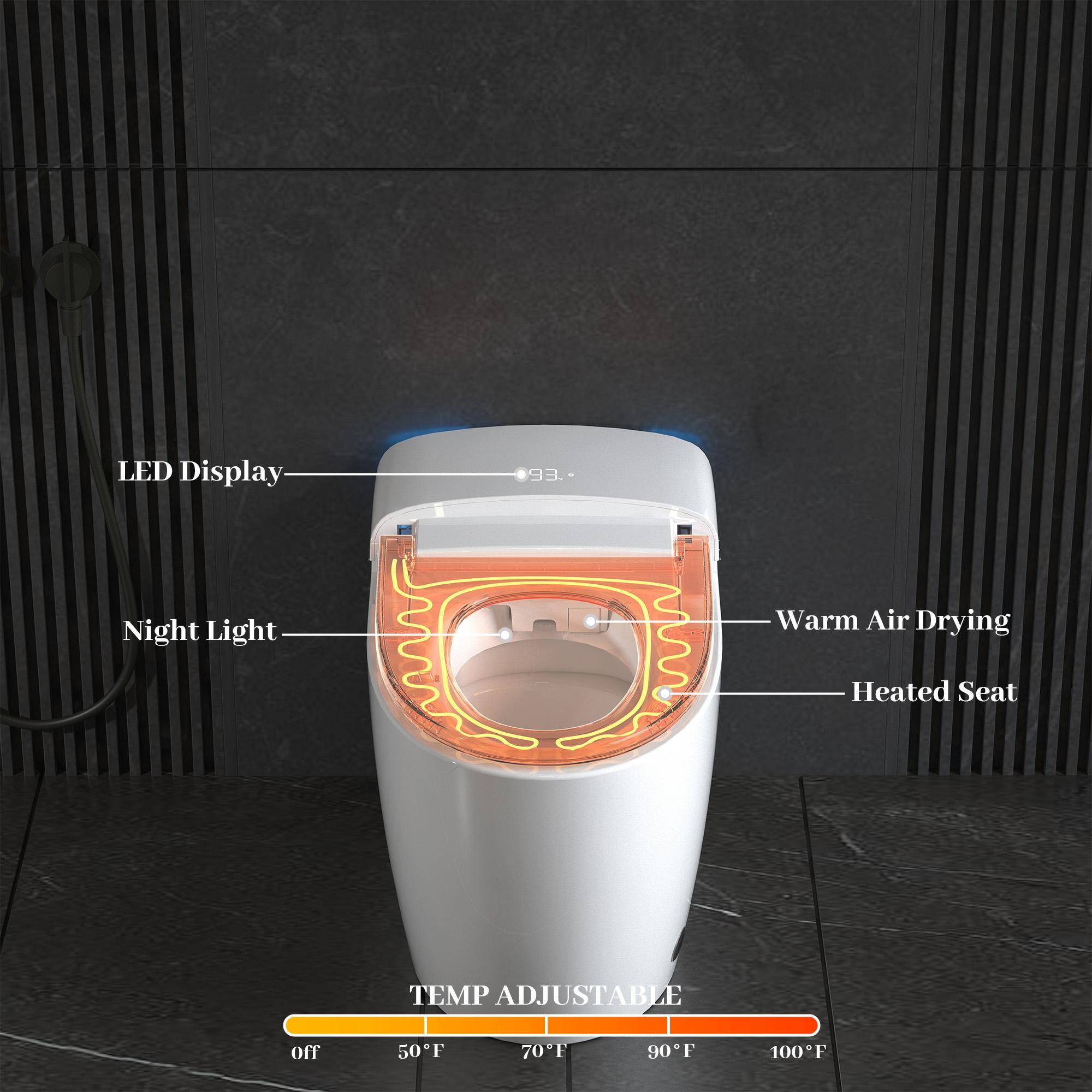 LED Display  
Night Light  
Warm Air Drying  
Heated Seat  

TEMP ADJUSTABLE  
off 50°F 70°F 90°F 100°F