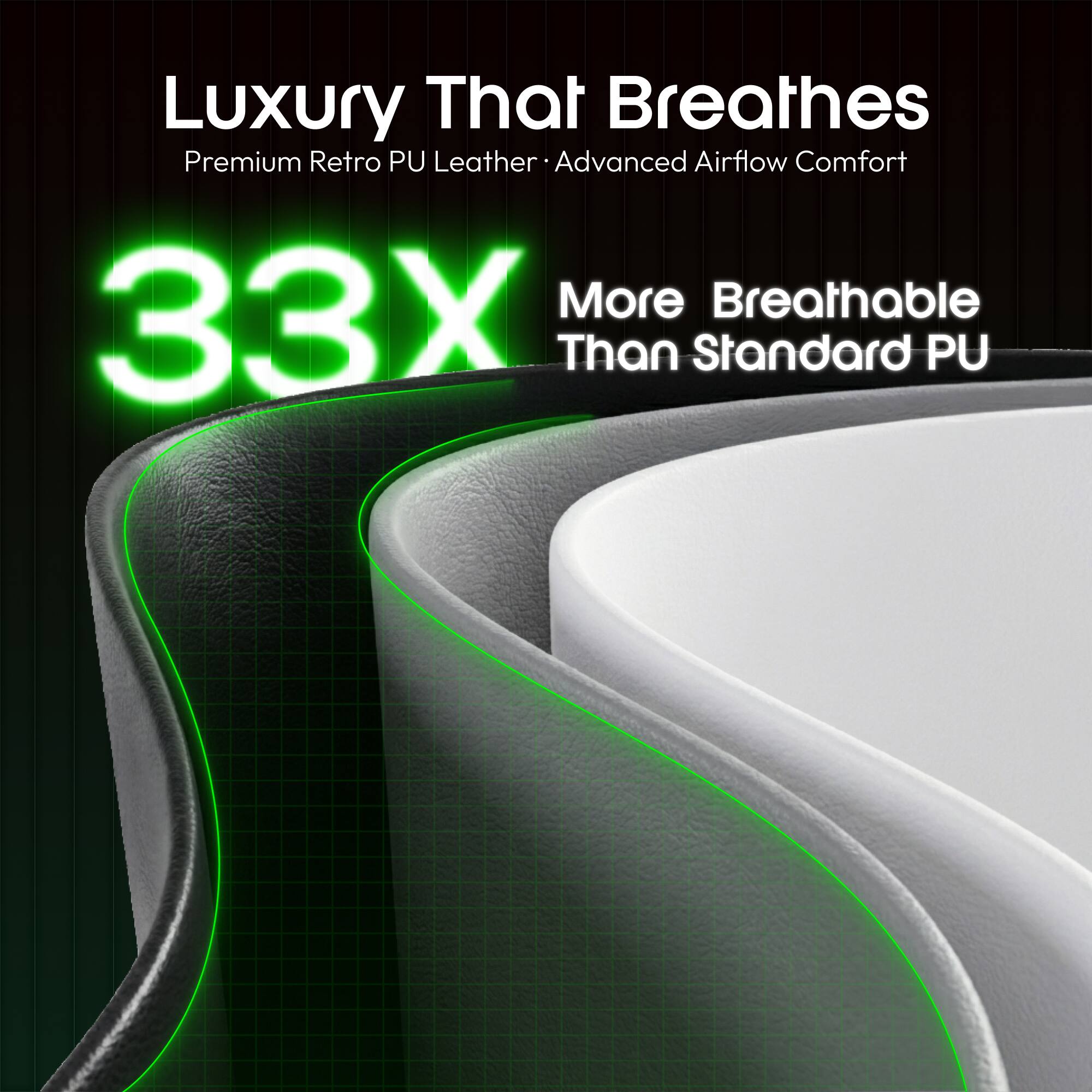 Luxury That Breathes  
Premium Retro PU Leather  
Advanced Airflow Comfort  
33X More Breathable Than Standard PU